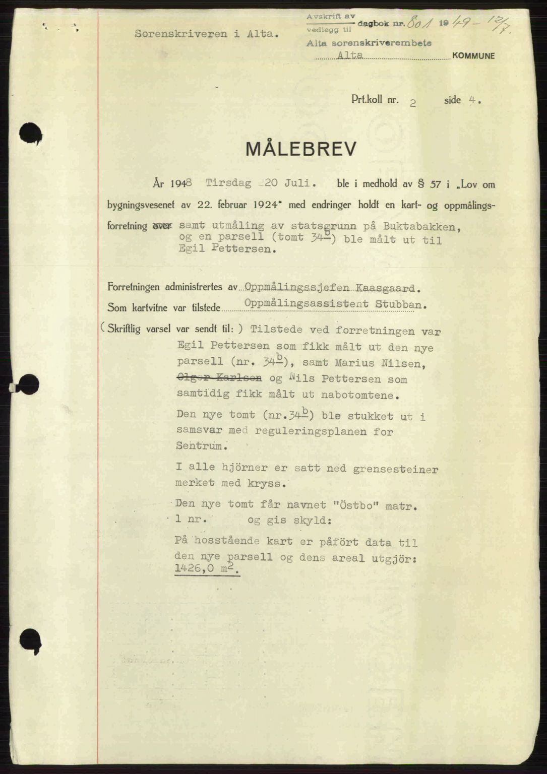 Alta fogderi/sorenskriveri, SATØ/SATØ-5/1/K/Kd/L0037pantebok: Pantebok nr. 39-40, 1948-1949, Dagboknr: 801/1949