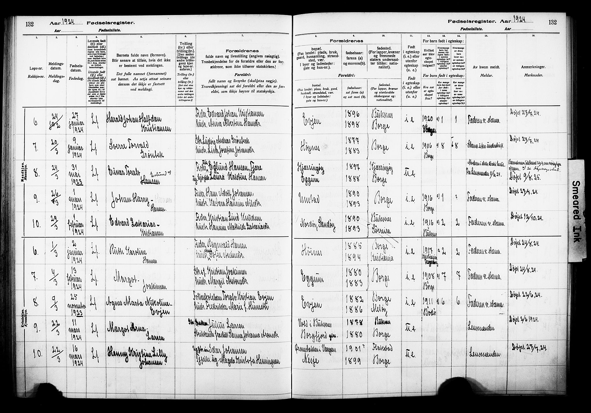 Ministerialprotokoller, klokkerbøker og fødselsregistre - Nordland, AV/SAT-A-1459/880/L1145: Fødselsregister nr. 880.II.4.1, 1916-1929, s. 132