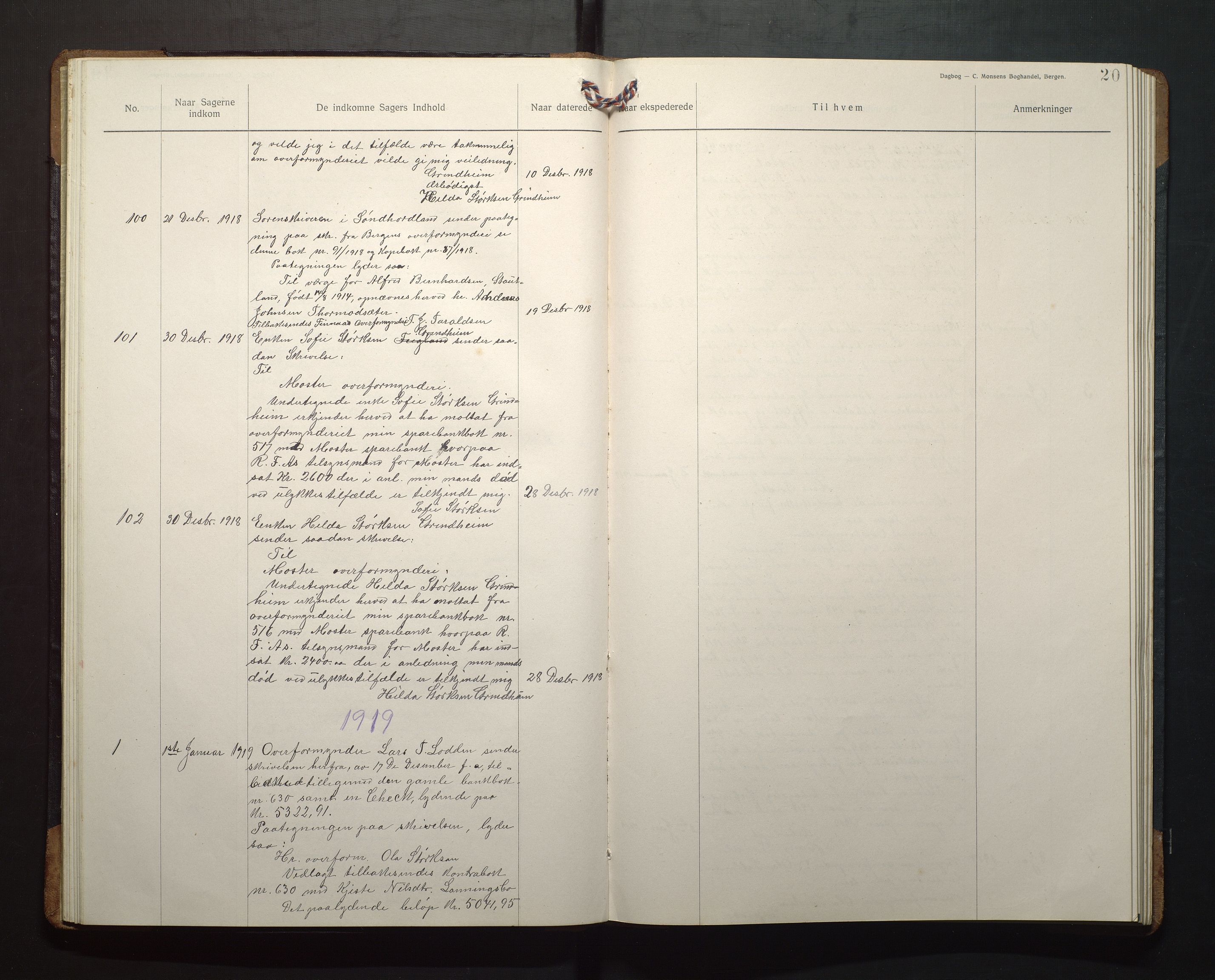 Finnaas kommune. Overformynderiet, IKAH/1218a-812/C/Ca/Caa/L0008: Postjournal for Finnås overformynderi, 1918-1920, s. 20