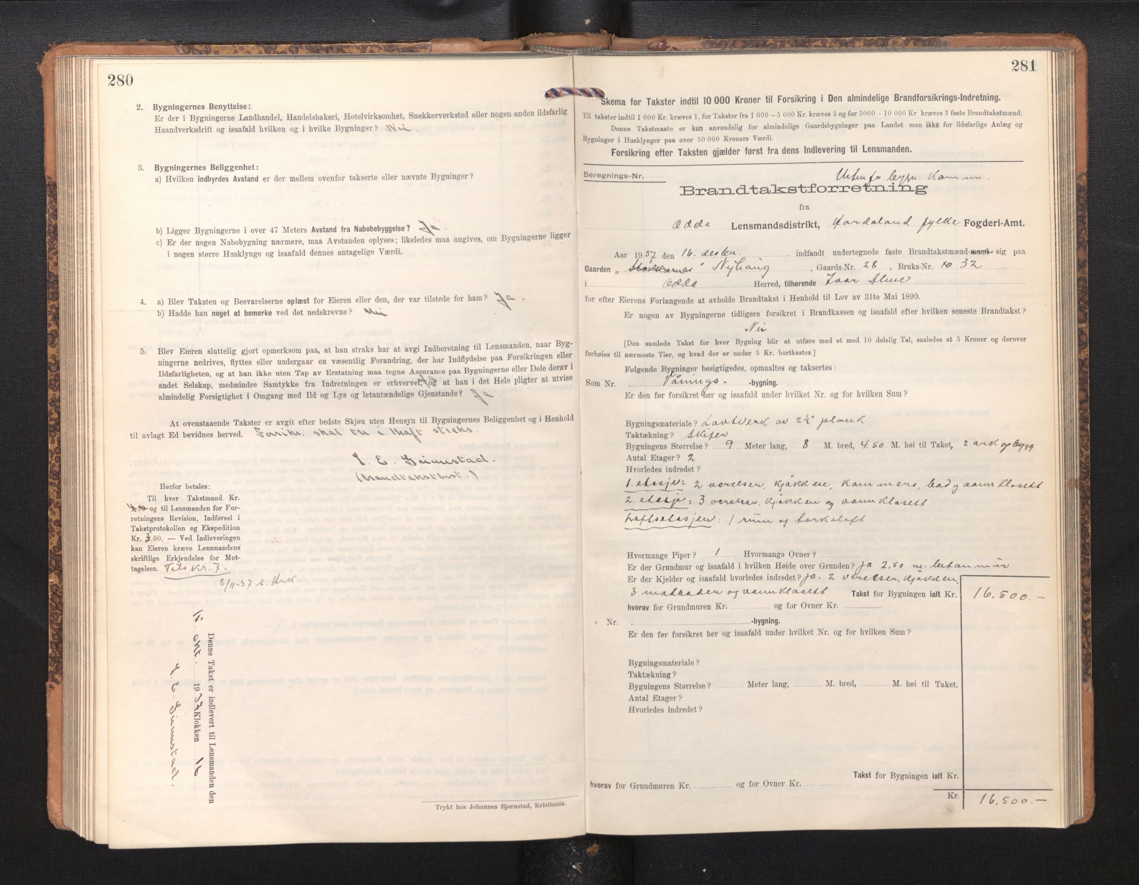 Lensmannen i Odda, SAB/A-34001/0012/L0003: Branntakstprotokoll, skjematakst, 1916-1948, s. 280-281