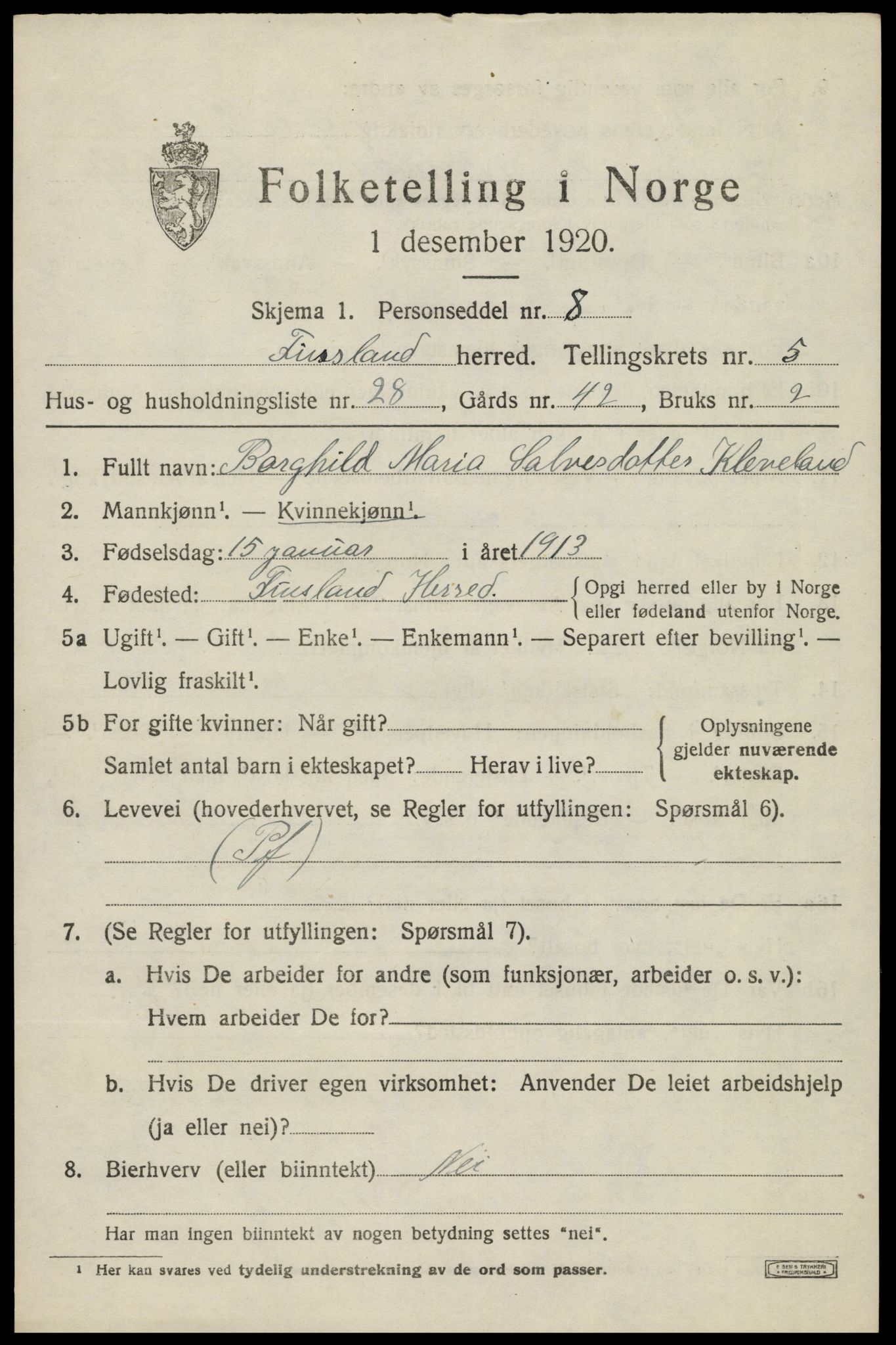 SAK, Folketelling 1920 for 1023 Finsland herred, 1920, s. 2044