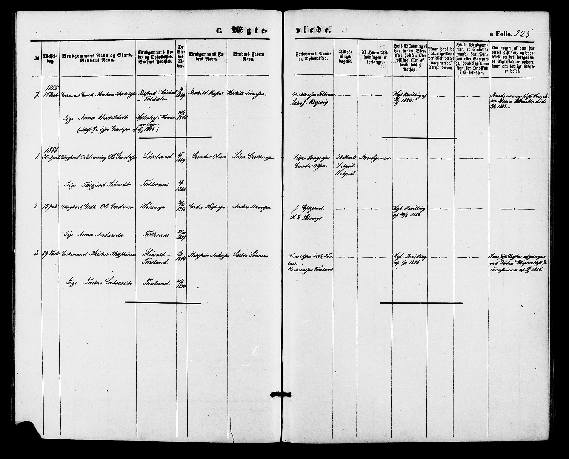 Bjelland sokneprestkontor, AV/SAK-1111-0005/F/Fa/Fab/L0003: Ministerialbok nr. A 3, 1870-1887, s. 225