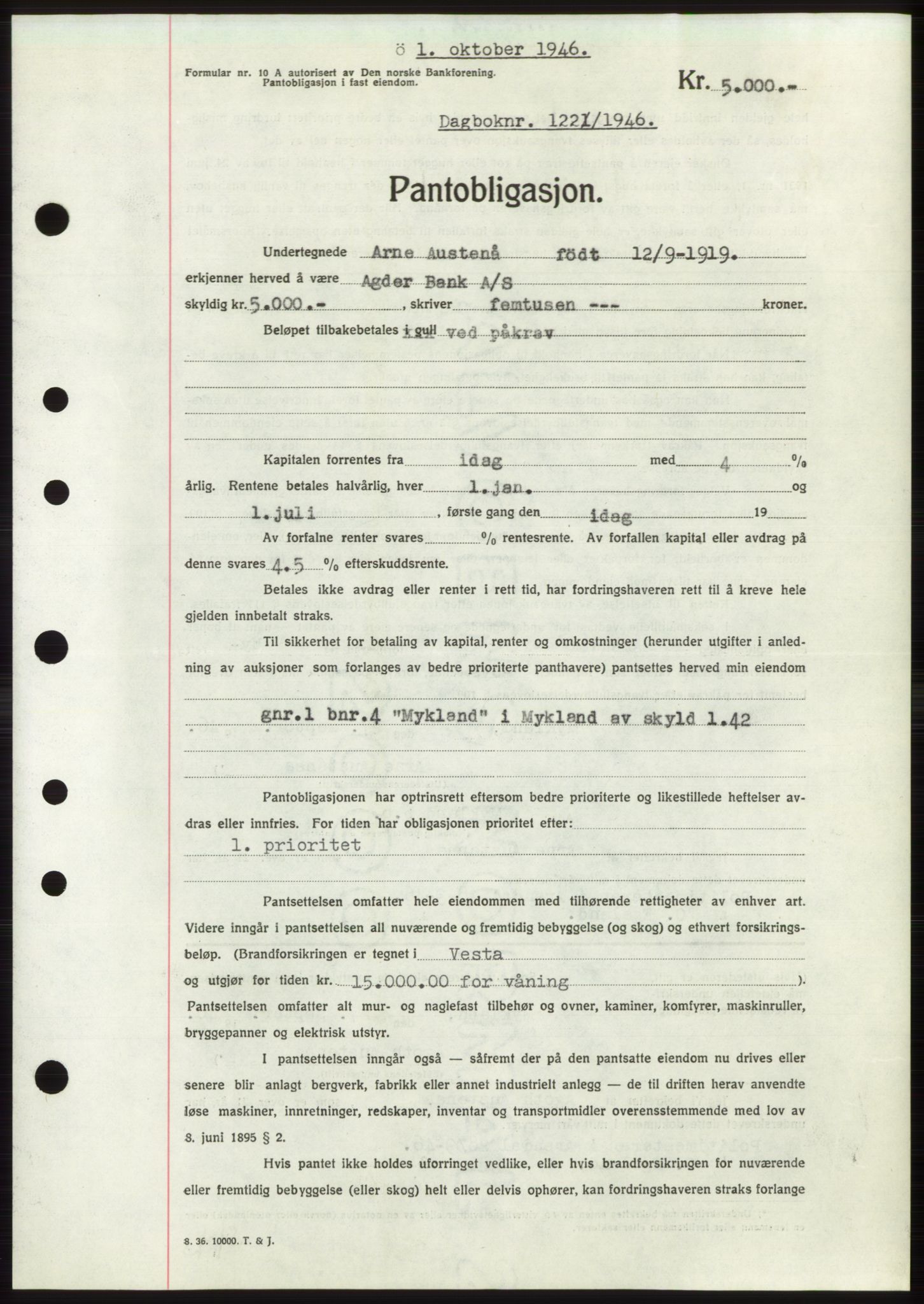 Nedenes sorenskriveri, AV/SAK-1221-0006/G/Gb/Gbb/L0003: Pantebok nr. B3b, 1946-1946, Dagboknr: 1221/1946