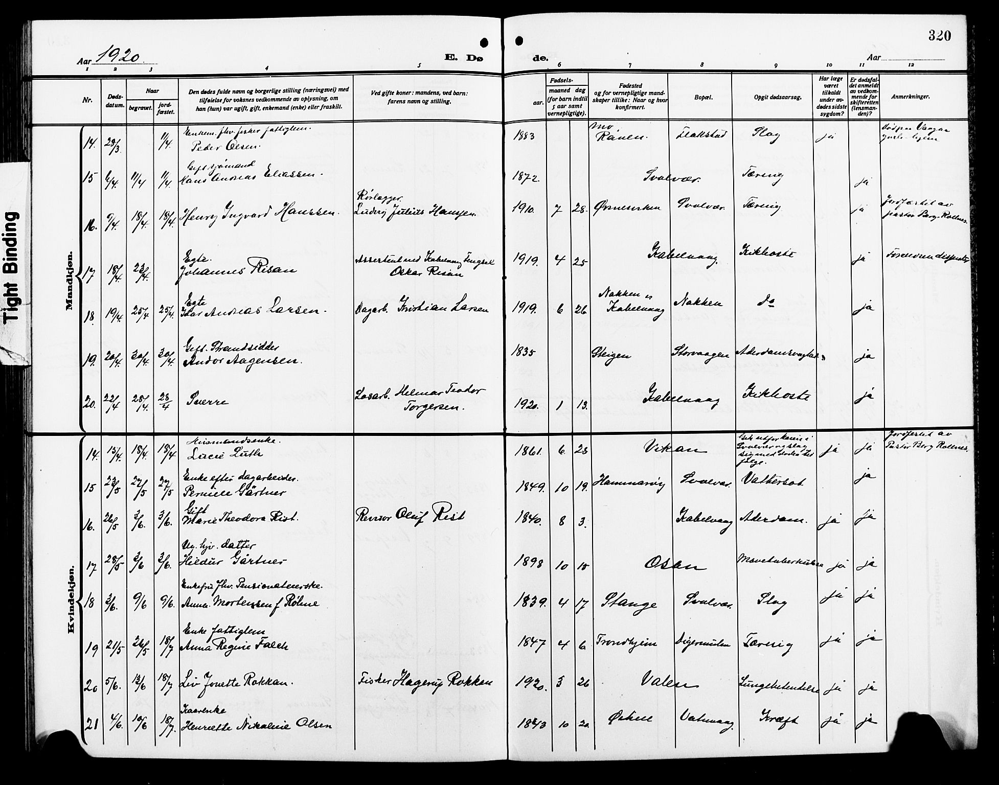 Ministerialprotokoller, klokkerbøker og fødselsregistre - Nordland, AV/SAT-A-1459/874/L1080: Klokkerbok nr. 874C09, 1915-1925, s. 320