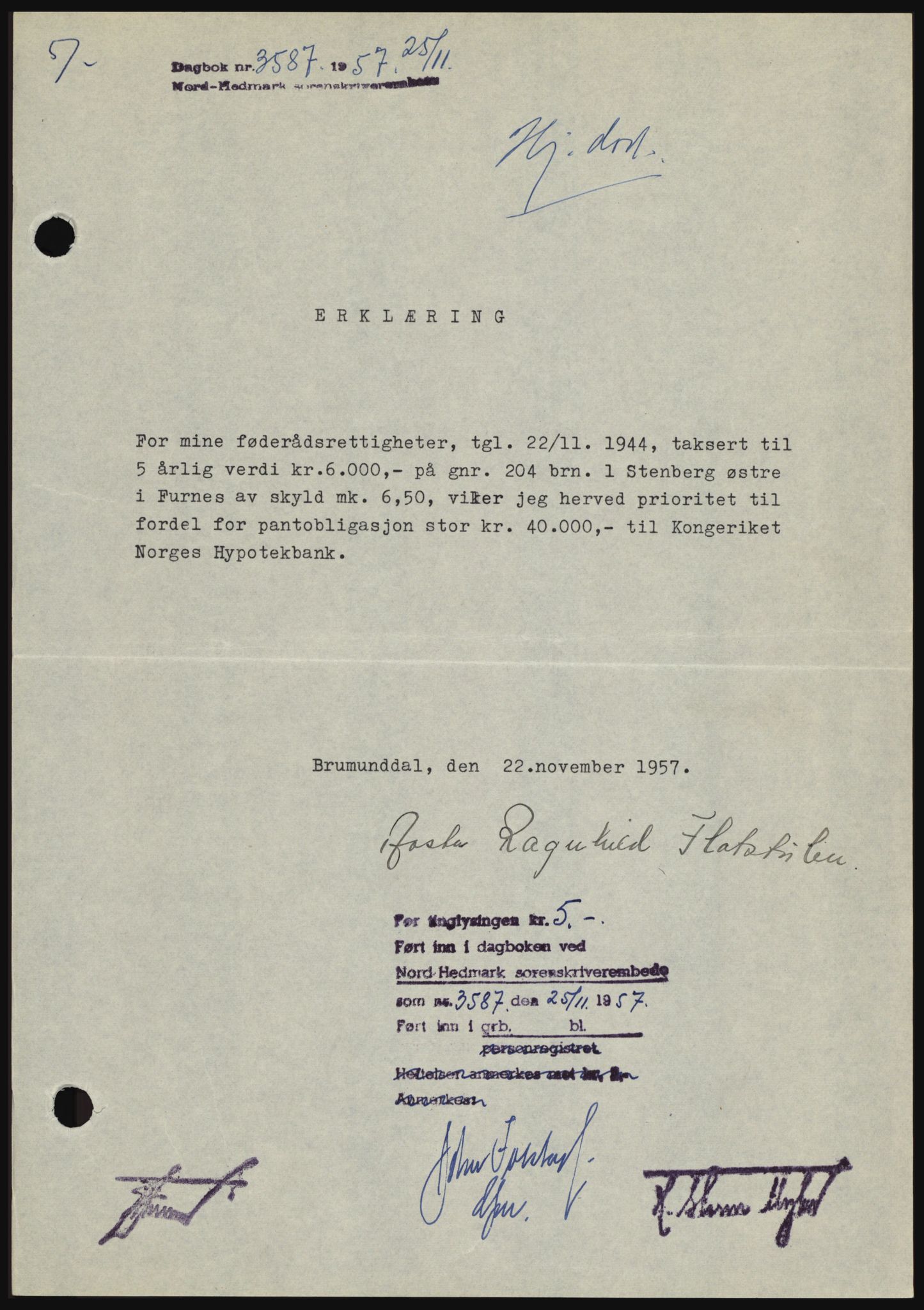 Nord-Hedmark sorenskriveri, SAH/TING-012/H/Hc/L0011: Pantebok nr. 11, 1956-1957, Dagboknr: 3587/1957
