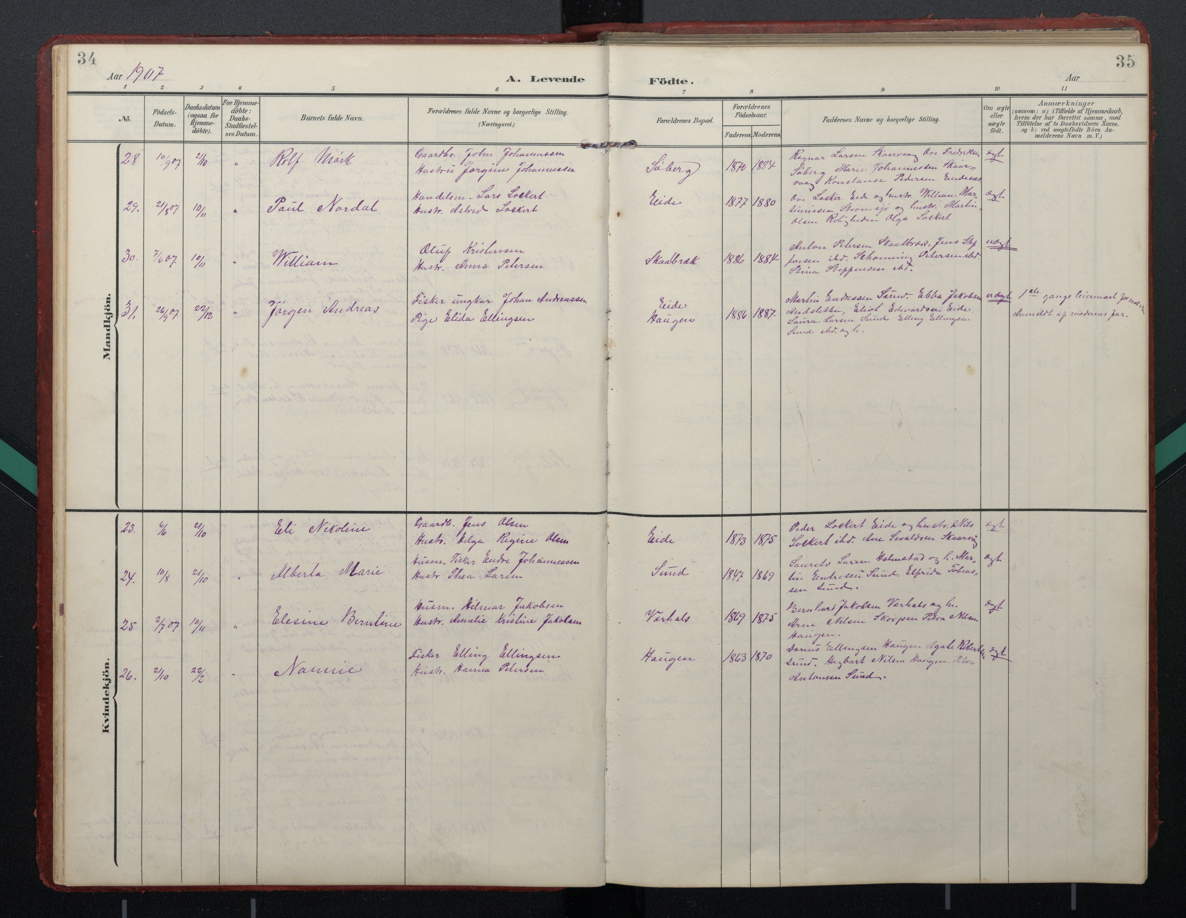 Ministerialprotokoller, klokkerbøker og fødselsregistre - Nordland, AV/SAT-A-1459/892/L1322: Ministerialbok nr. 892A03, 1904-1921, s. 34-35