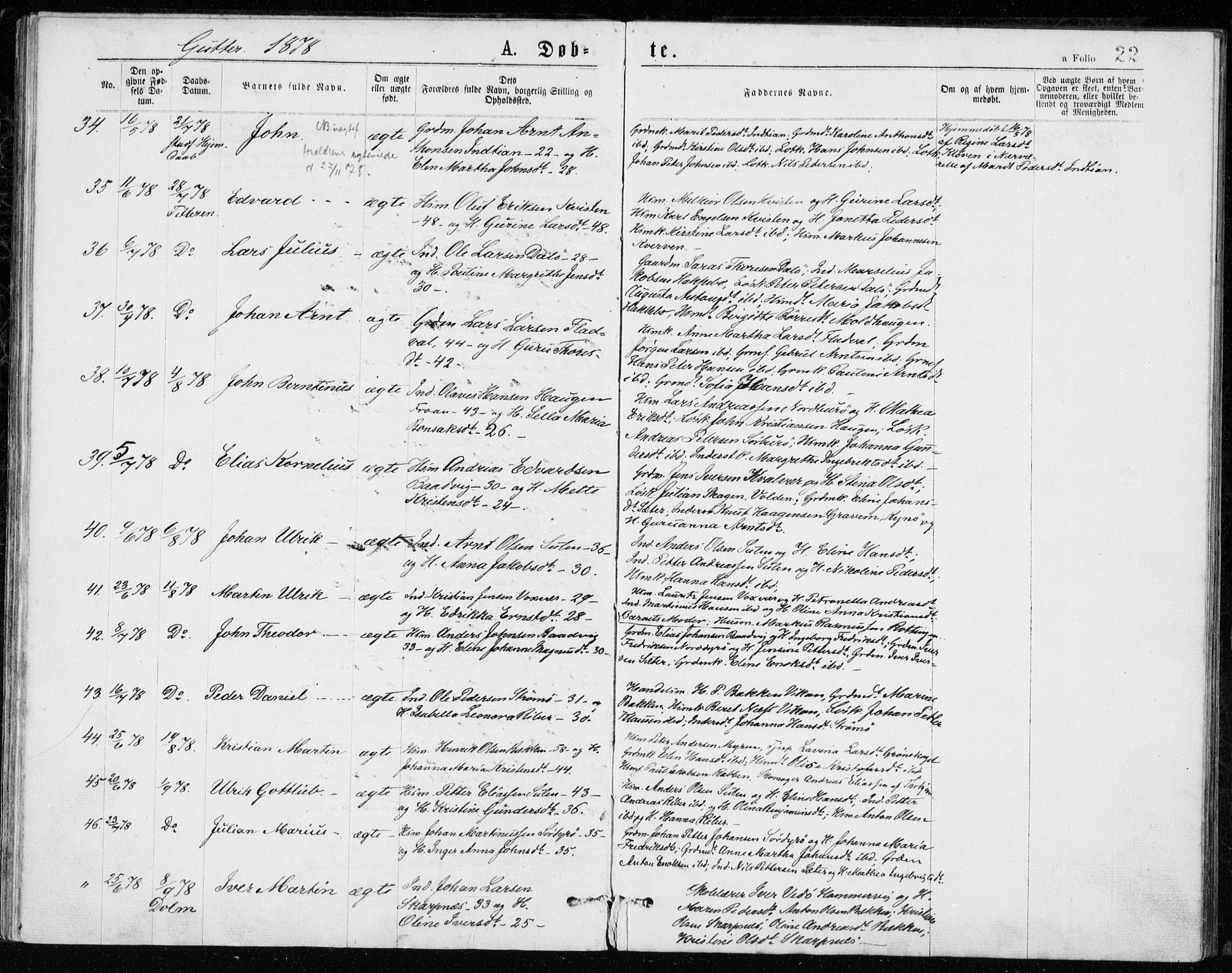 Ministerialprotokoller, klokkerbøker og fødselsregistre - Sør-Trøndelag, AV/SAT-A-1456/640/L0577: Ministerialbok nr. 640A02, 1877-1878, s. 22