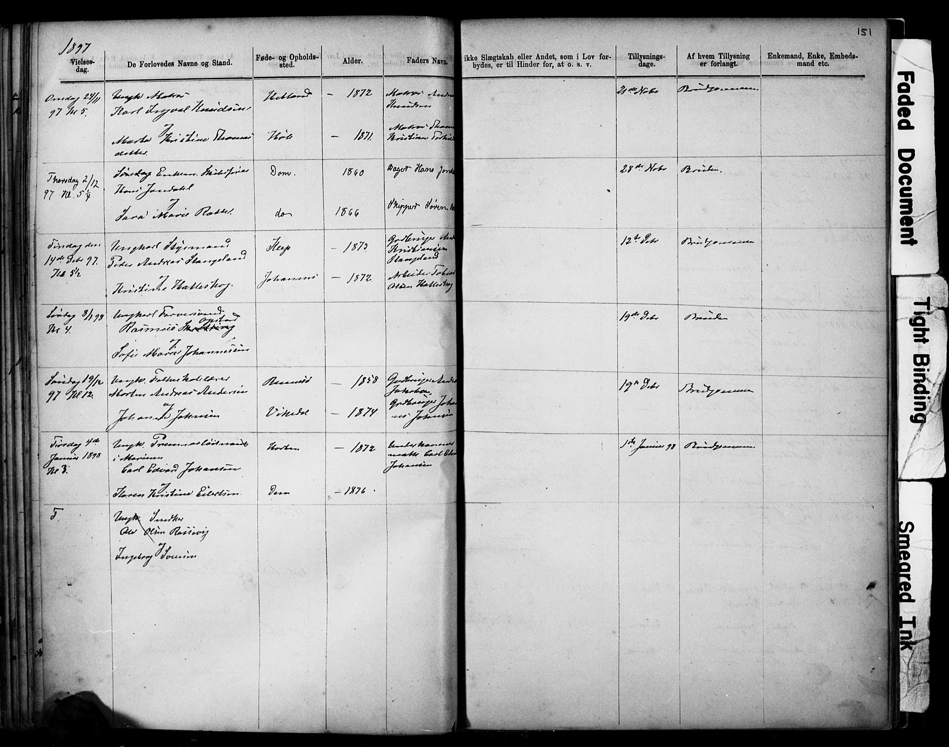 Domkirken sokneprestkontor, AV/SAST-A-101812/001/30/30BB/L0014: Klokkerbok nr. B 14, 1875-1902, s. 151