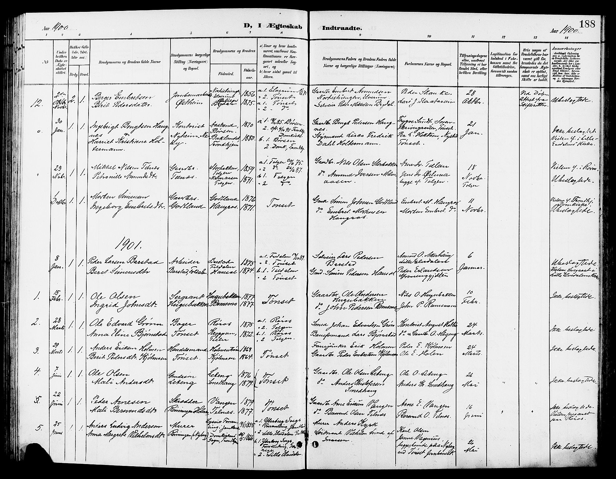 Tynset prestekontor, AV/SAH-PREST-058/H/Ha/Hab/L0009: Klokkerbok nr. 9, 1900-1914, s. 188