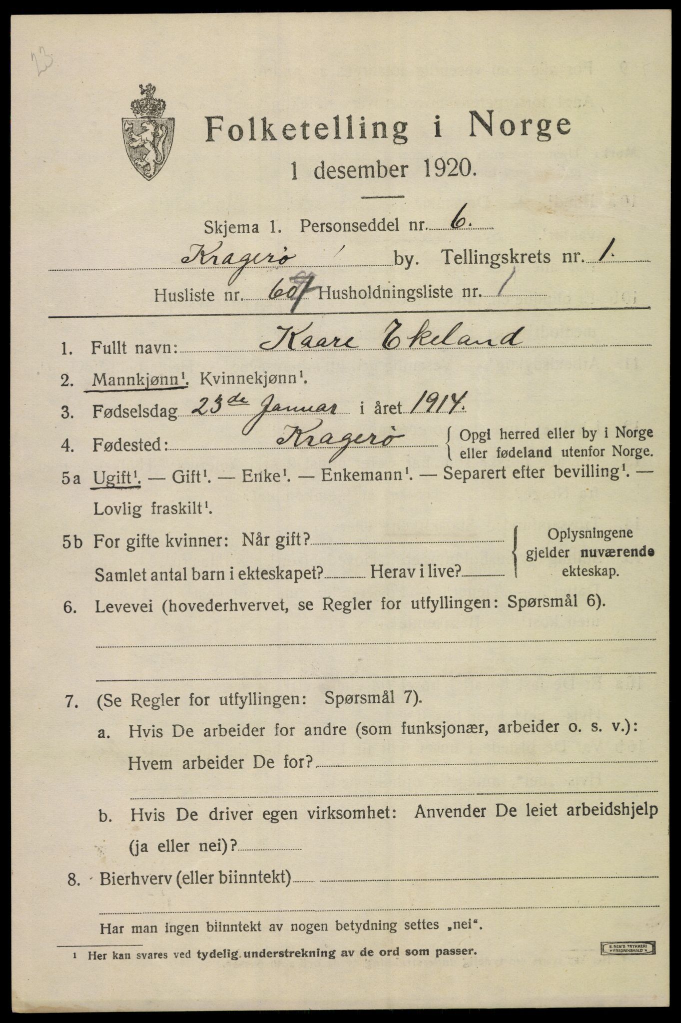 SAKO, Folketelling 1920 for 0801 Kragerø kjøpstad, 1920, s. 4975