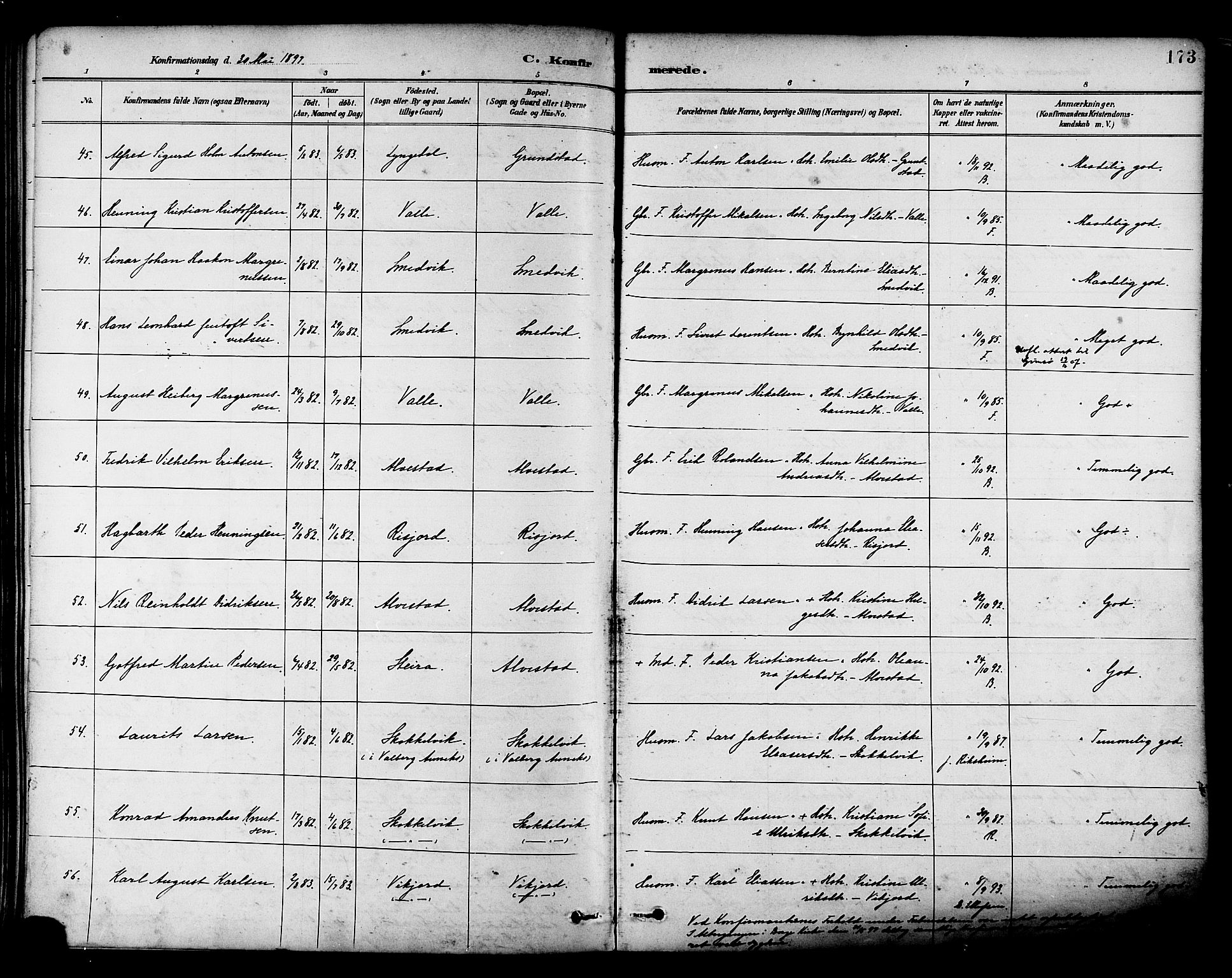 Ministerialprotokoller, klokkerbøker og fødselsregistre - Nordland, AV/SAT-A-1459/880/L1133: Ministerialbok nr. 880A07, 1888-1898, s. 173