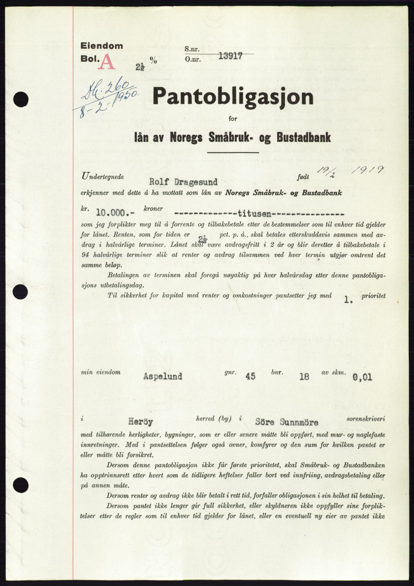 Søre Sunnmøre sorenskriveri, SAT/A-4122/1/2/2C/L0118: Pantebok nr. 6B, 1949-1950, Dagboknr: 260/1950