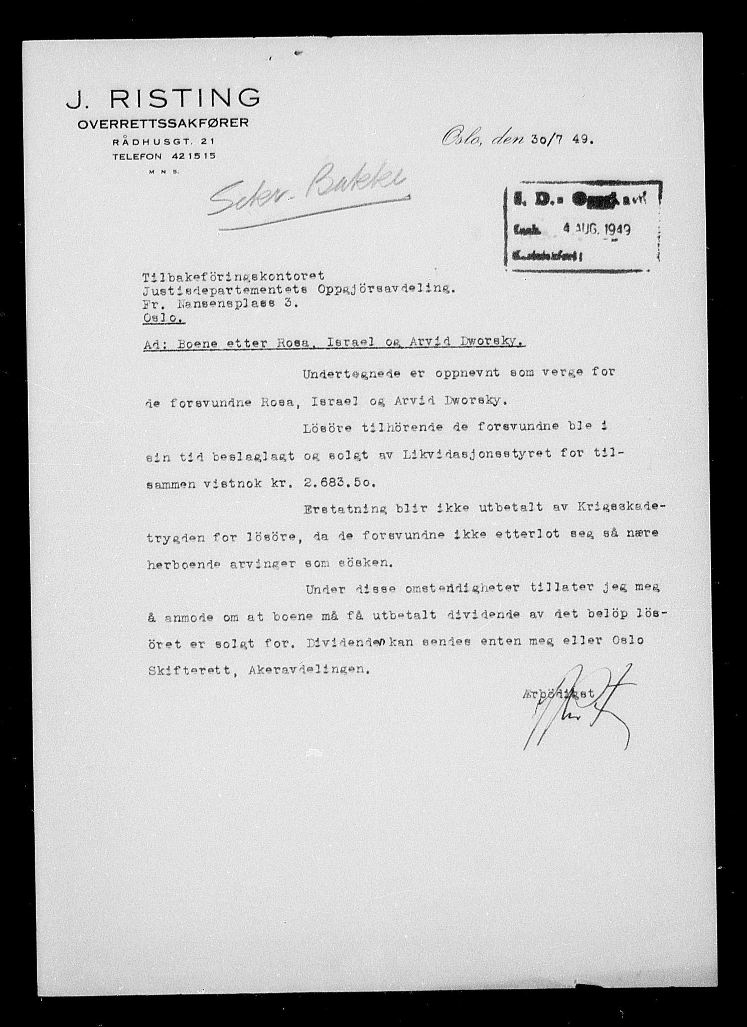 Justisdepartementet, Tilbakeføringskontoret for inndratte formuer, AV/RA-S-1564/H/Hc/Hcc/L0932: --, 1945-1947, s. 4