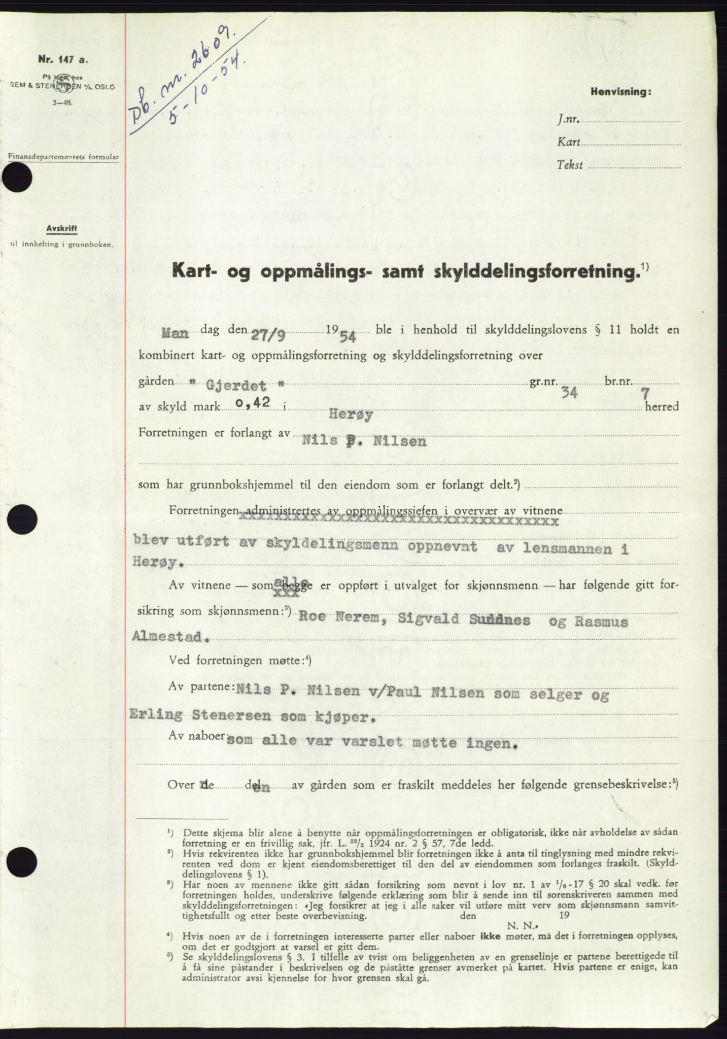 Søre Sunnmøre sorenskriveri, AV/SAT-A-4122/1/2/2C/L0099: Pantebok nr. 25A, 1954-1954, Dagboknr: 2609/1954