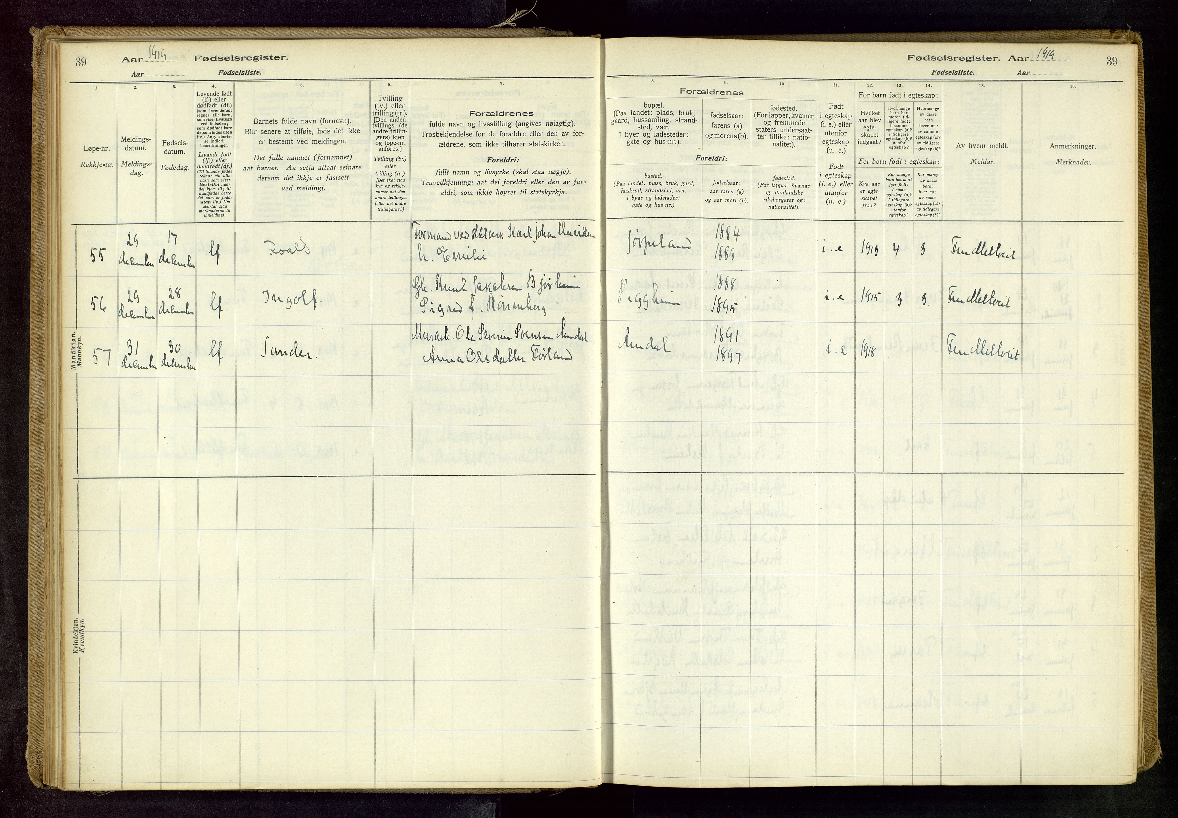 Strand sokneprestkontor, SAST/A-101828/I/Id/L0001: Fødselsregister nr. 1, 1916-1938, s. 39