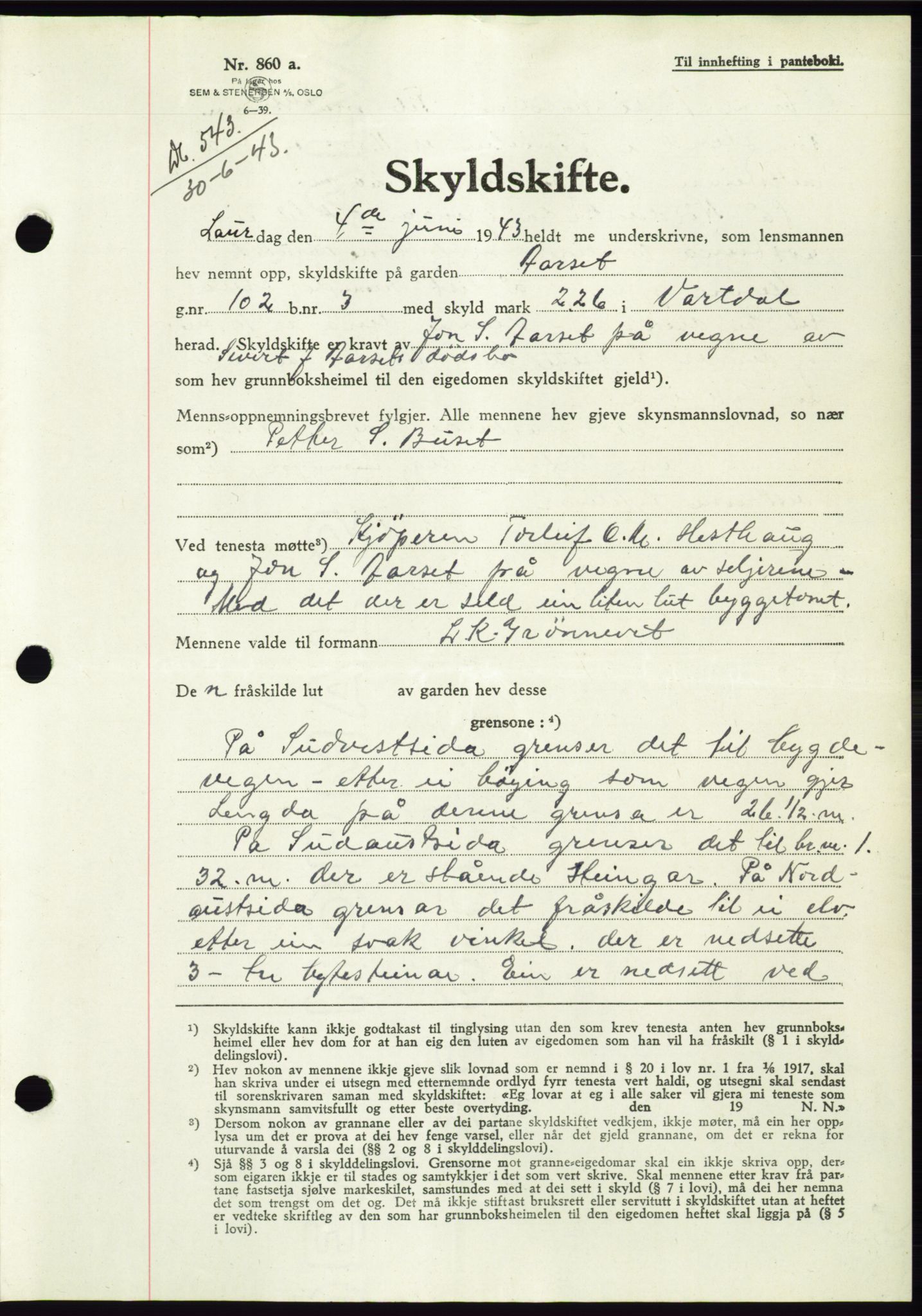 Søre Sunnmøre sorenskriveri, SAT/A-4122/1/2/2C/L0075: Pantebok nr. 1A, 1943-1943, Dagboknr: 543/1943