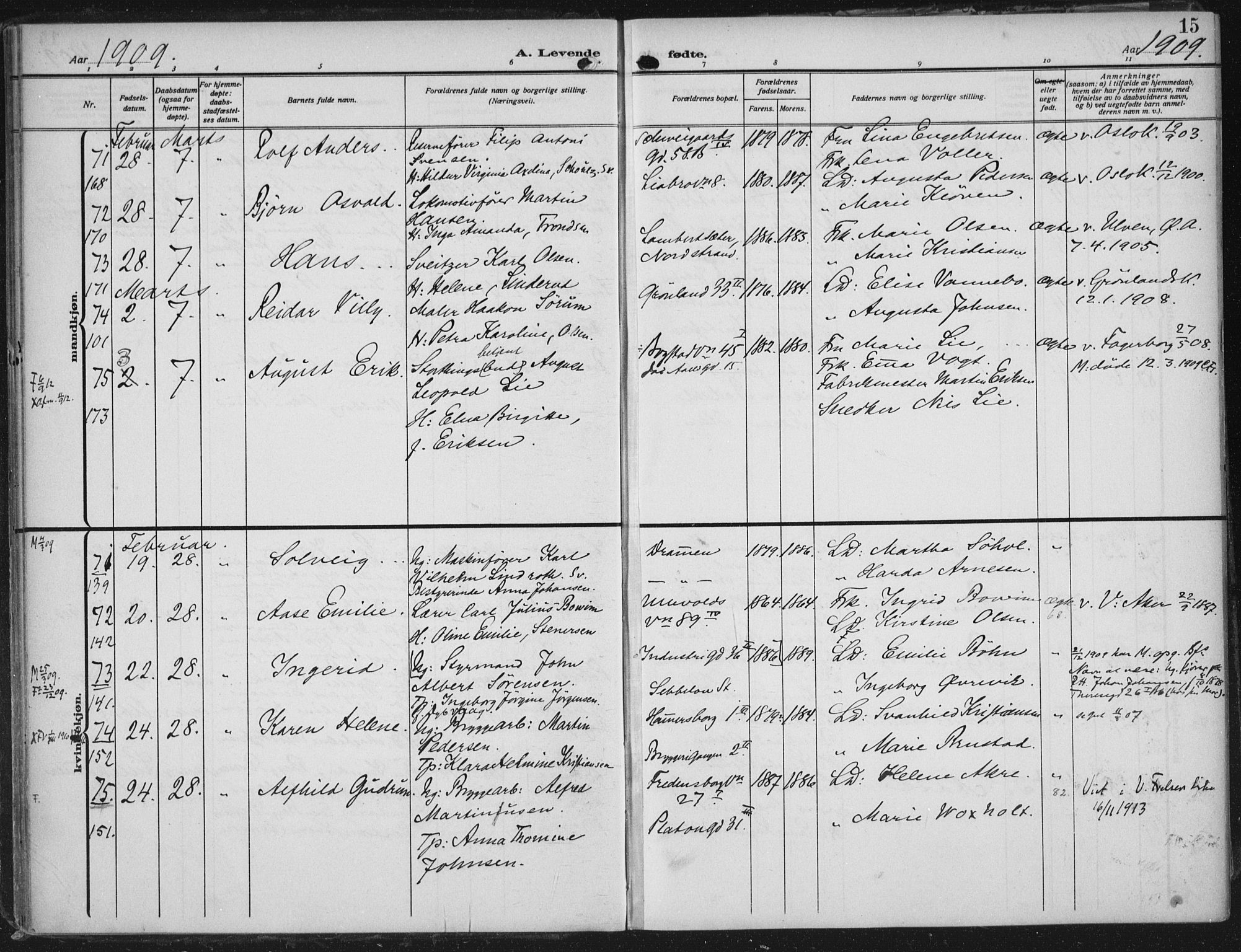 Rikshospitalet prestekontor Kirkebøker, AV/SAO-A-10309b/F/L0014: Ministerialbok nr. 14, 1909-1912, s. 15