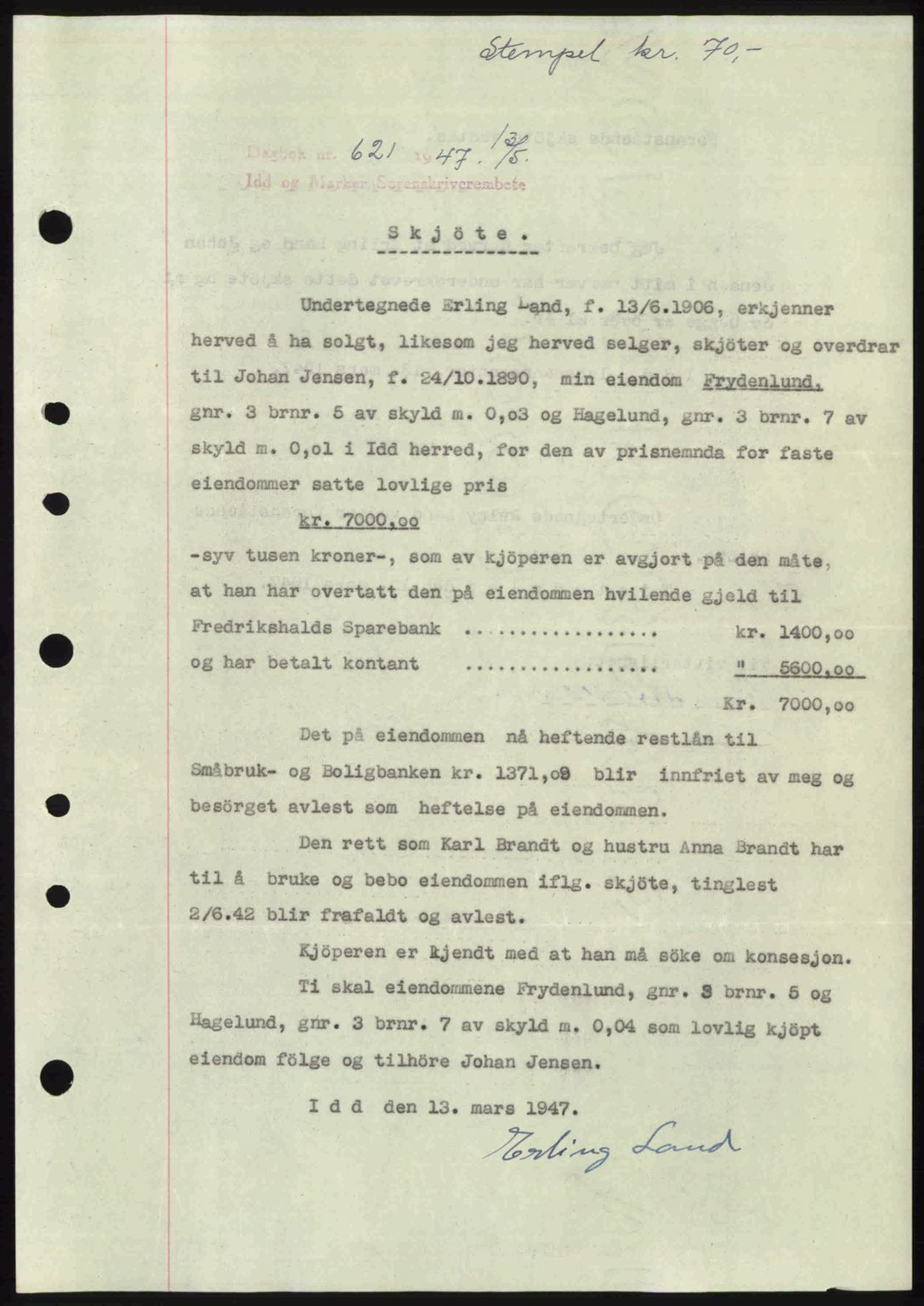 Idd og Marker sorenskriveri, SAO/A-10283/G/Gb/Gbb/L0009: Pantebok nr. A9, 1946-1947, Dagboknr: 621/1947