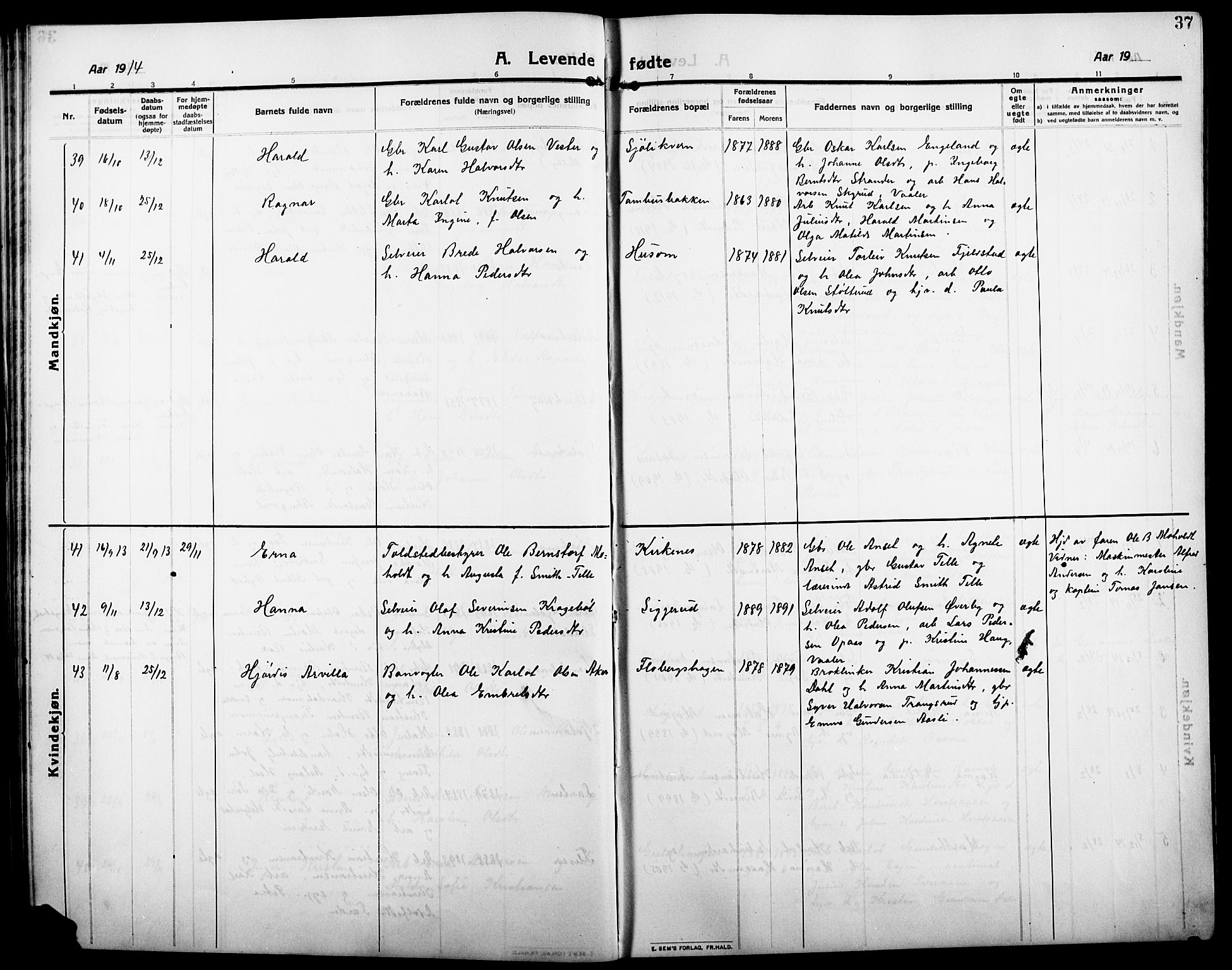 Åsnes prestekontor, AV/SAH-PREST-042/H/Ha/Hab/L0007: Klokkerbok nr. 7, 1909-1926, s. 37