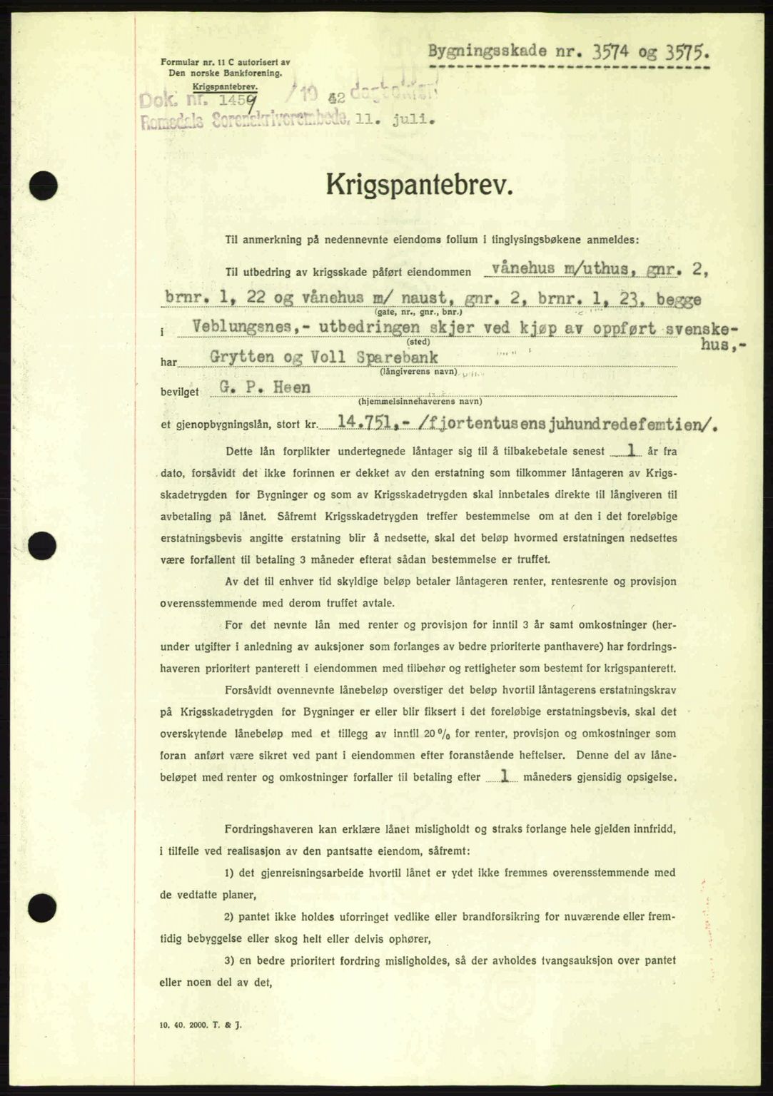 Romsdal sorenskriveri, SAT/A-4149/1/2/2C: Pantebok nr. B2, 1939-1945, Dagboknr: 1459/1942