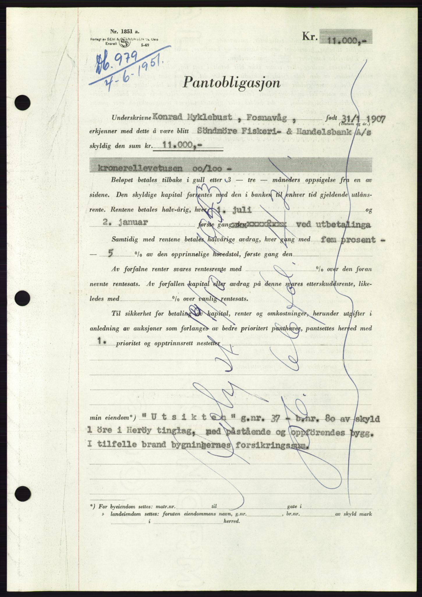 Søre Sunnmøre sorenskriveri, AV/SAT-A-4122/1/2/2C/L0120: Pantebok nr. 8B, 1951-1951, Dagboknr: 979/1951
