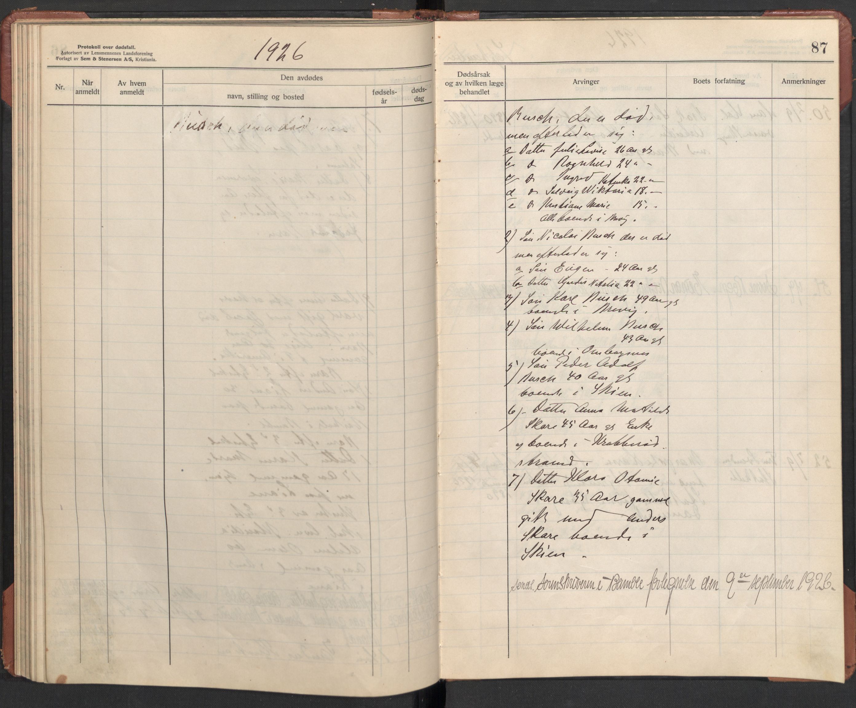 Bamble lensmannskontor, AV/SAKO-A-552/H/Ha/Haa/L0004: Dødsfallsprotokoll, 1923-1926, s. 87
