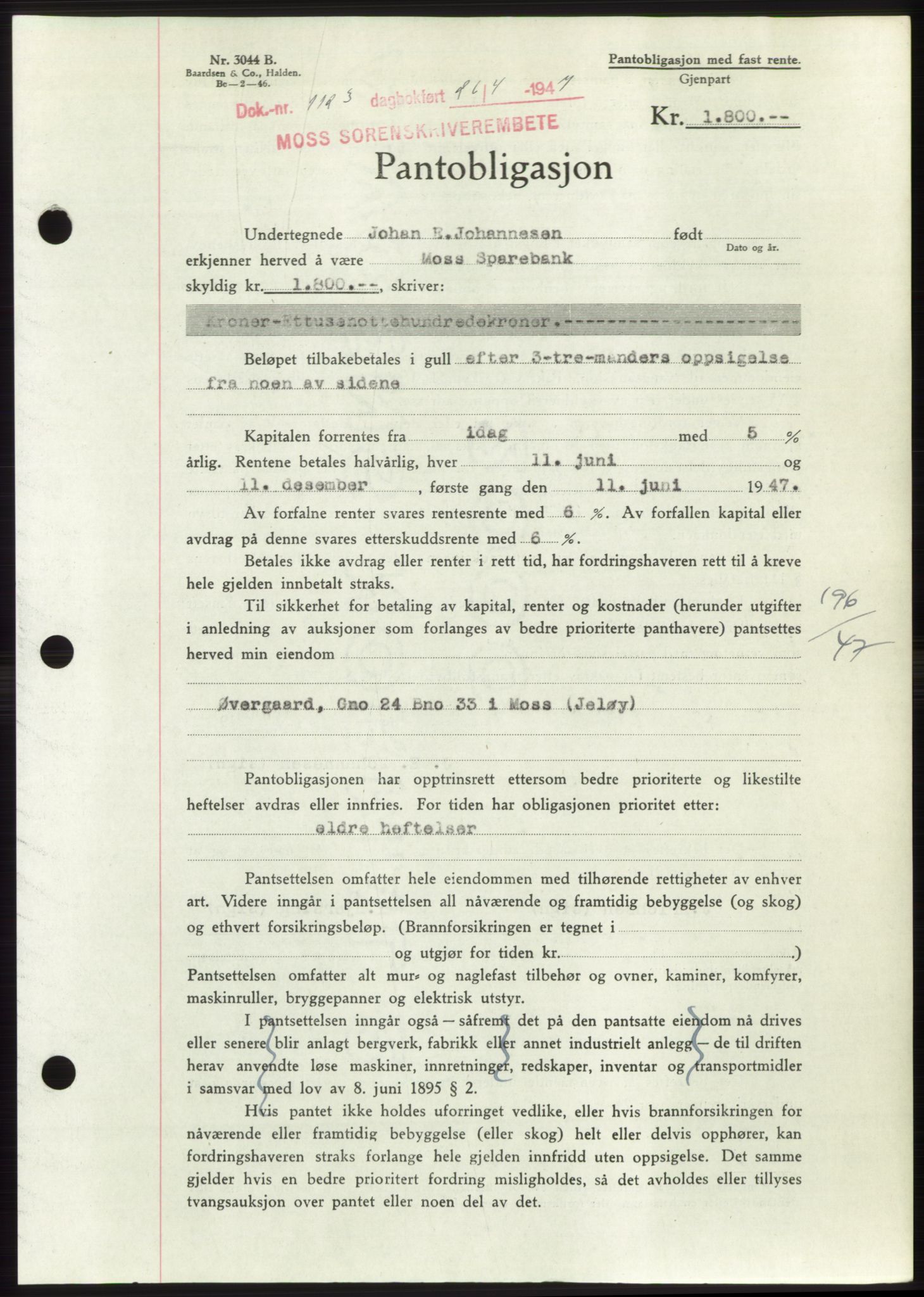 Moss sorenskriveri, SAO/A-10168: Pantebok nr. B17, 1947-1947, Dagboknr: 1123/1947