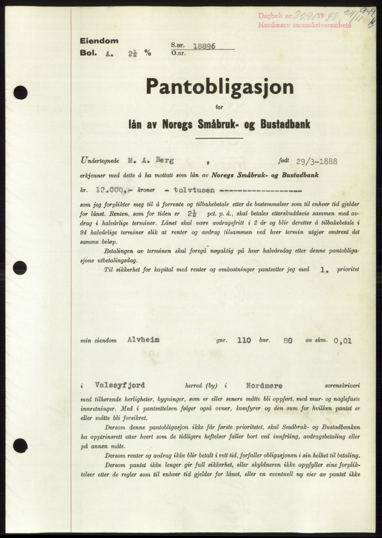 Nordmøre sorenskriveri, SAT/A-4132/1/2/2Ca: Pantebok nr. B100, 1948-1949, Dagboknr: 3291/1948