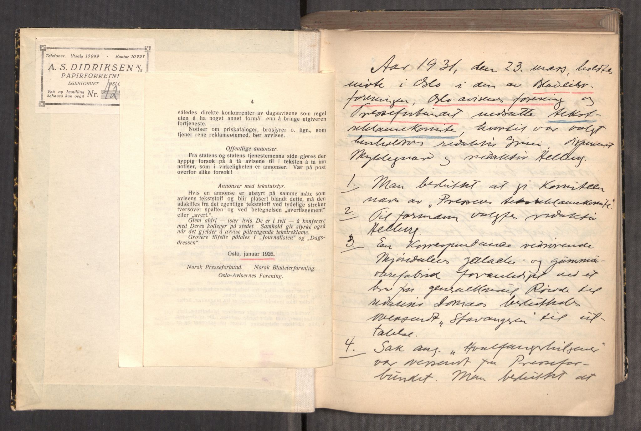Tekstreklameutvalget, RA/PA-0854/A/Aa/L0001: Møtereferat, 1931-1938, s. 1
