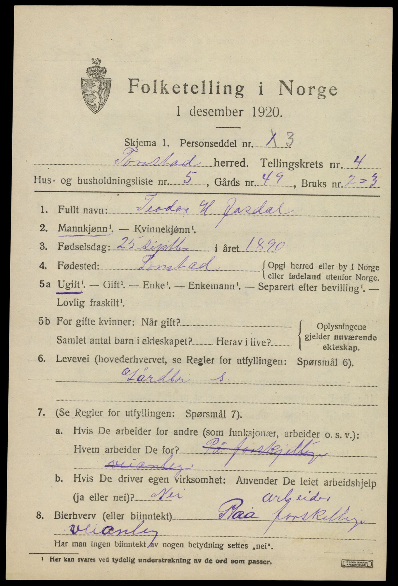 SAK, Folketelling 1920 for 1046 Tonstad herred, 1920, s. 1330