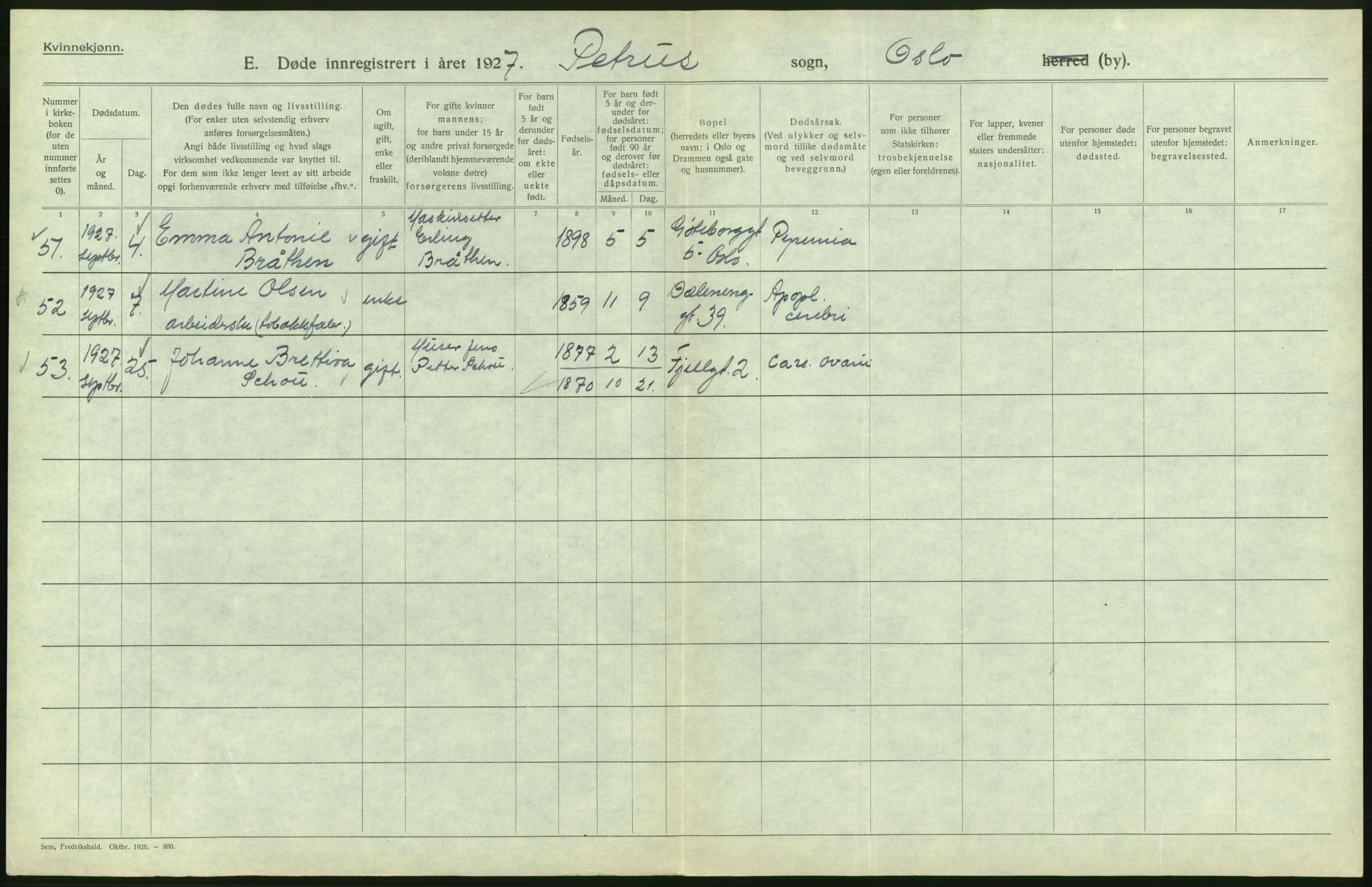 Statistisk sentralbyrå, Sosiodemografiske emner, Befolkning, AV/RA-S-2228/D/Df/Dfc/Dfcg/L0010: Oslo: Døde kvinner, dødfødte, 1927, s. 420