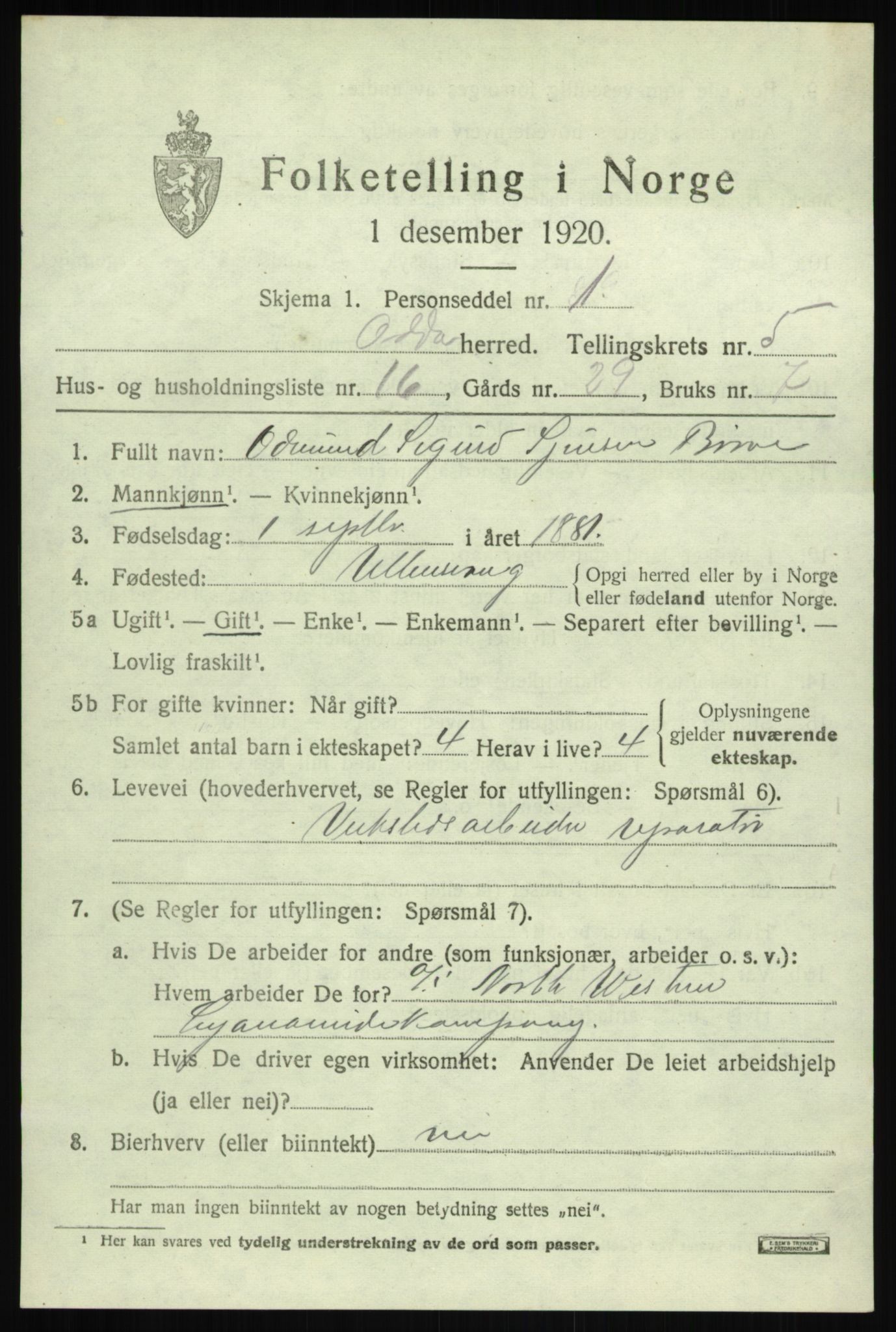 SAB, Folketelling 1920 for 1228 Odda herred, 1920, s. 3389