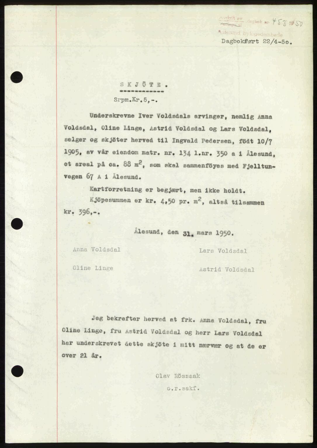 Ålesund byfogd, AV/SAT-A-4384: Pantebok nr. 37A (2), 1949-1950, Dagboknr: 453/1950