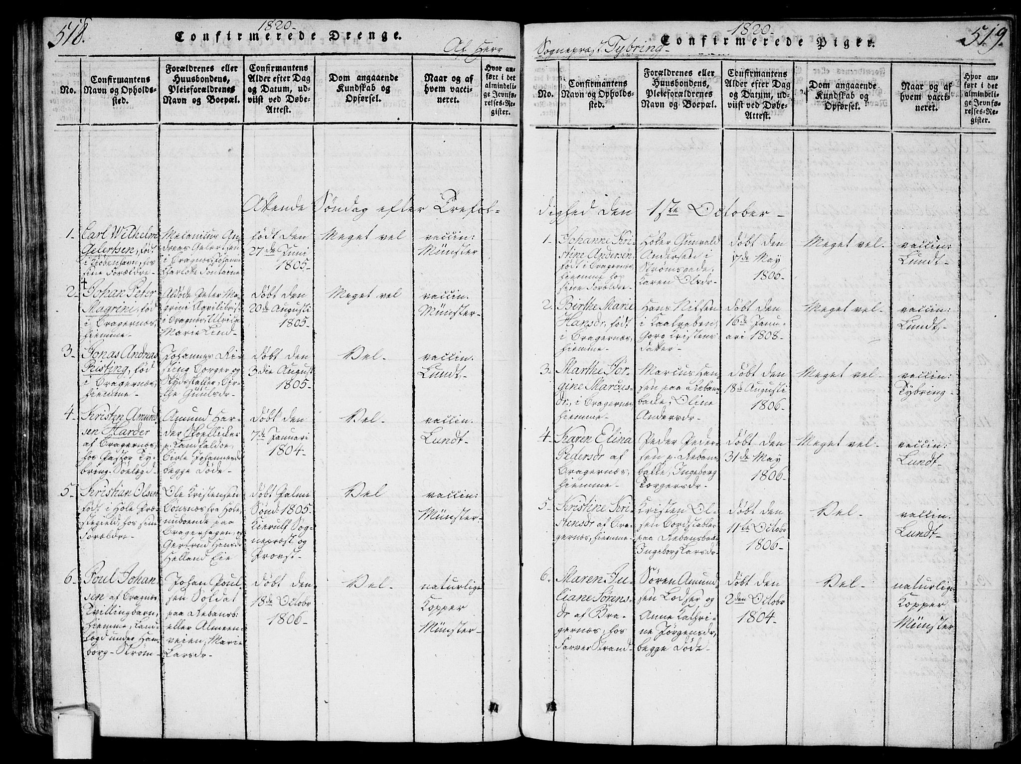 Bragernes kirkebøker, AV/SAKO-A-6/G/Ga/L0001: Klokkerbok nr. 1, 1815-1829, s. 518-519