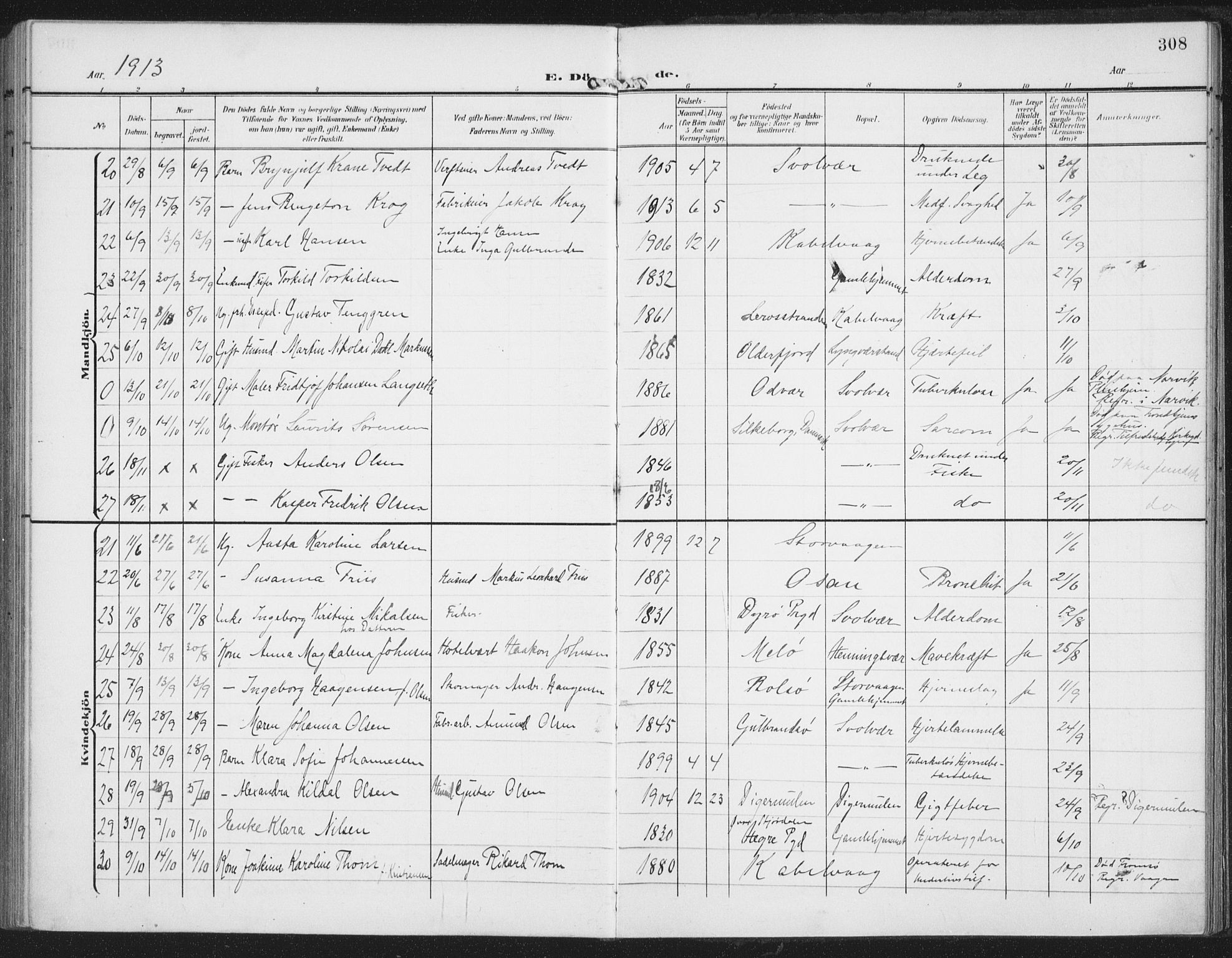 Ministerialprotokoller, klokkerbøker og fødselsregistre - Nordland, AV/SAT-A-1459/874/L1063: Ministerialbok nr. 874A07, 1907-1915, s. 308