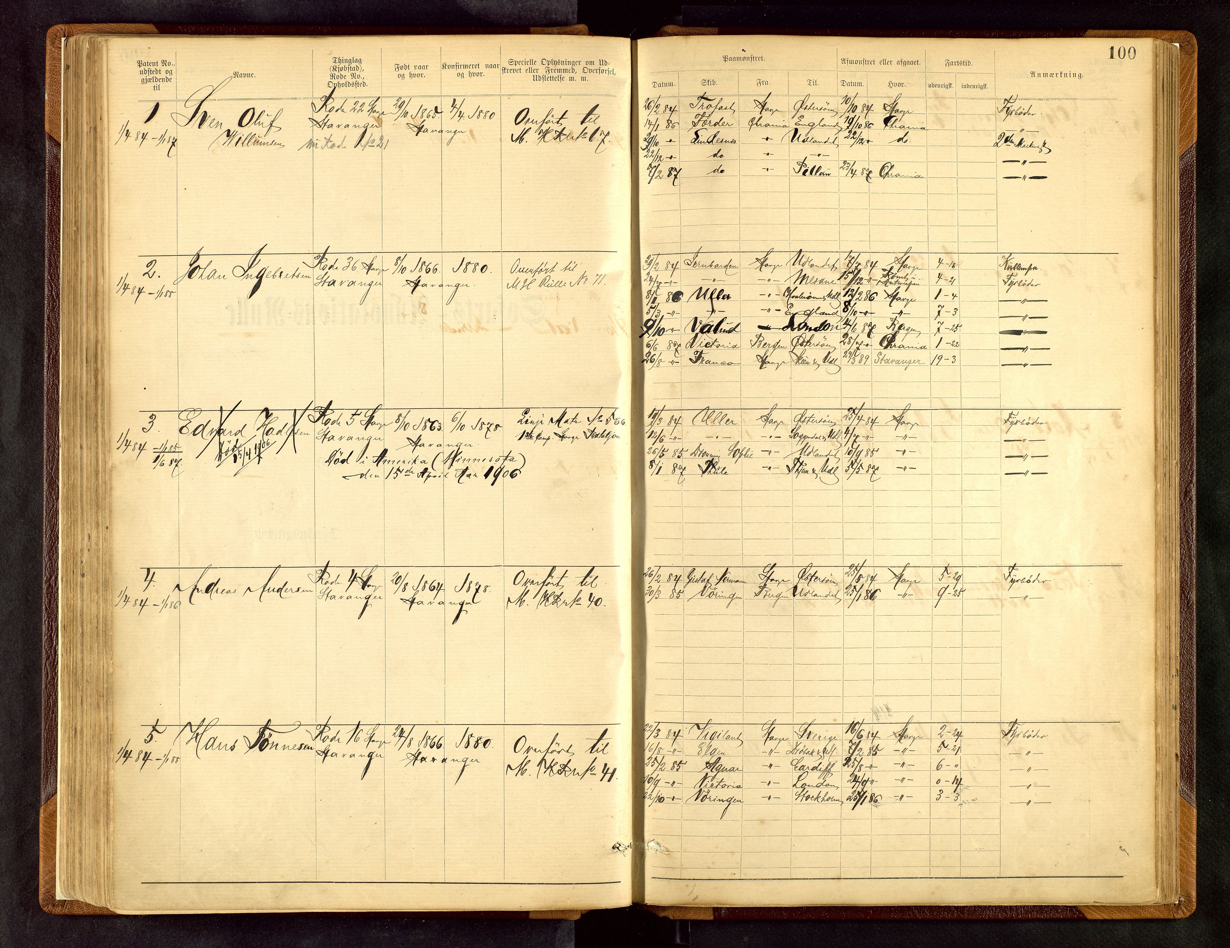 Stavanger sjømannskontor, AV/SAST-A-102006/F/Fe/L0001: Maskinist- og fyrbøterrulle, patentnr. 1-58/1-194, 1884-1894, s. 103