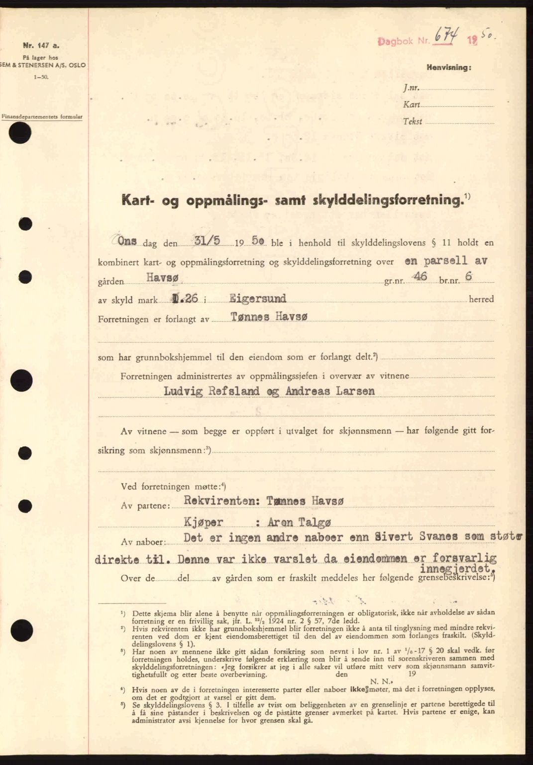 Dalane sorenskriveri, SAST/A-100309/02/G/Gb/L0055: Pantebok nr. A15, 1950-1950, Dagboknr: 674/1950