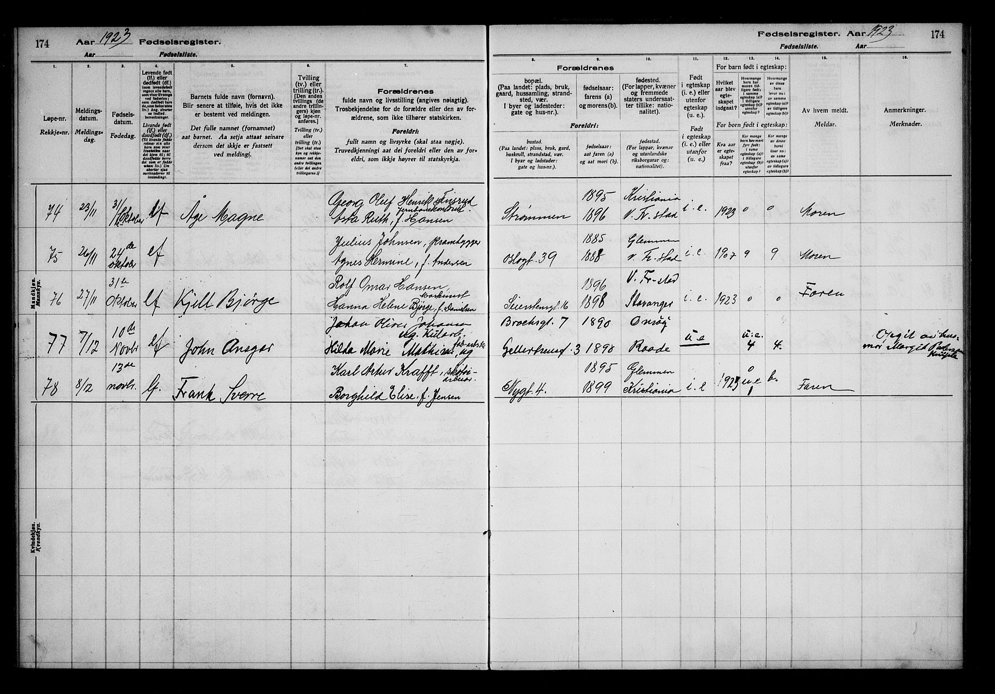 Fredrikstad domkirkes prestekontor Kirkebøker, AV/SAO-A-10906/J/*Ja/L0001: Fødselsregister nr. 1, 1916-1925, s. 174