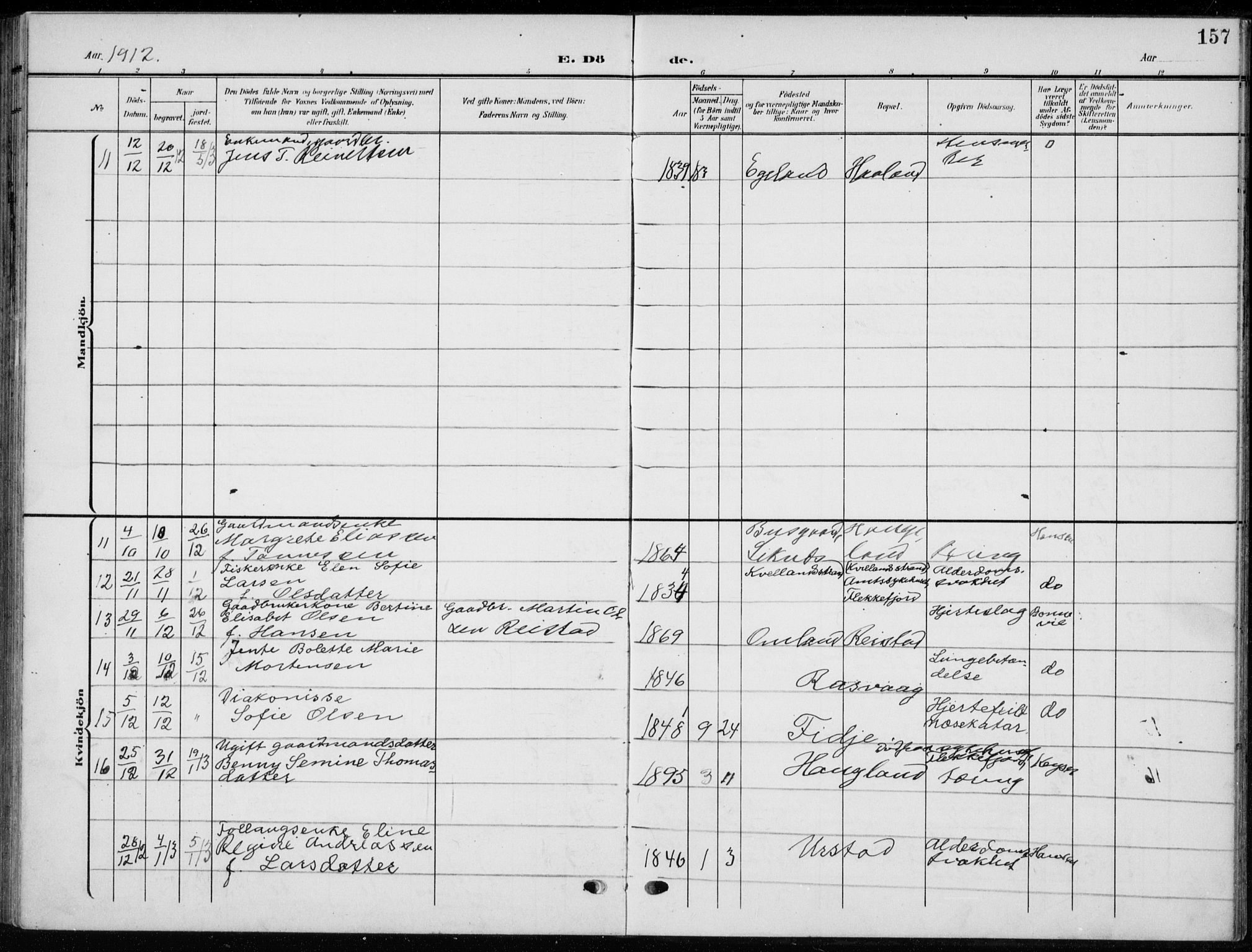 Flekkefjord sokneprestkontor, AV/SAK-1111-0012/F/Fb/Fbb/L0005: Klokkerbok nr. B 5, 1908-1927, s. 157