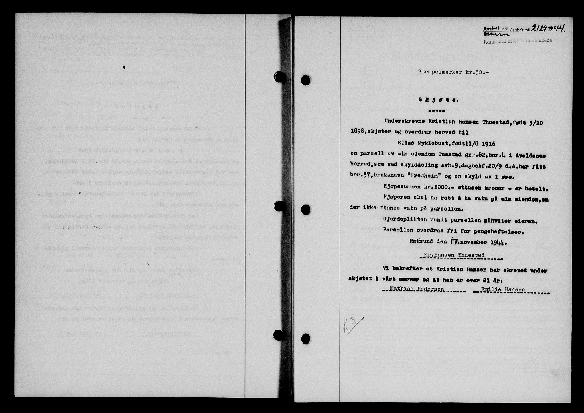 Karmsund sorenskriveri, SAST/A-100311/01/II/IIB/L0083: Pantebok nr. 64A, 1944-1945, Dagboknr: 2129/1944