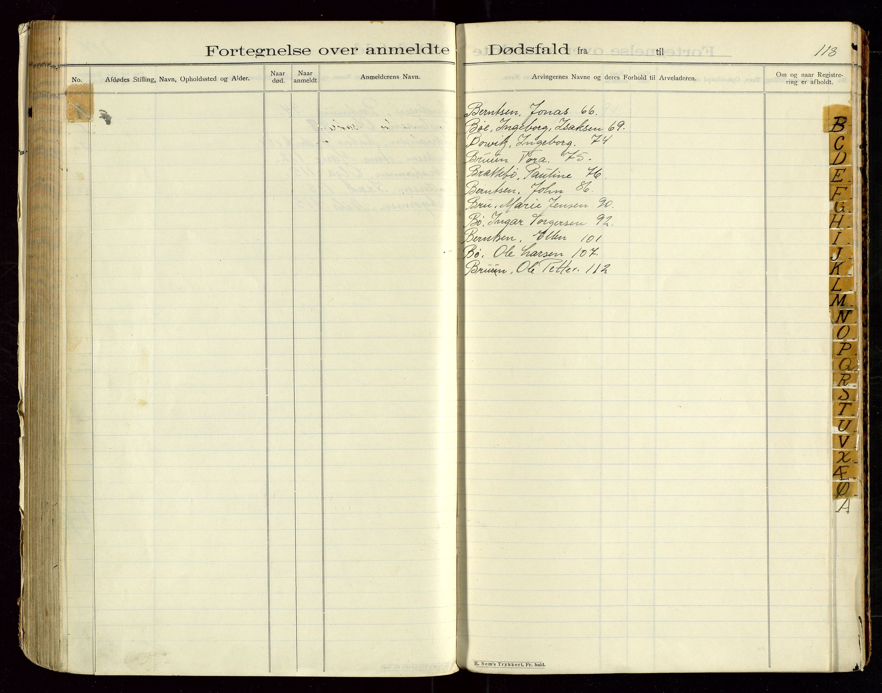 Eigersund lensmannskontor, AV/SAST-A-100171/Gga/L0005: "Dødsfalds-Protokol" m/alfabetisk navneregister, 1905-1913, s. 118