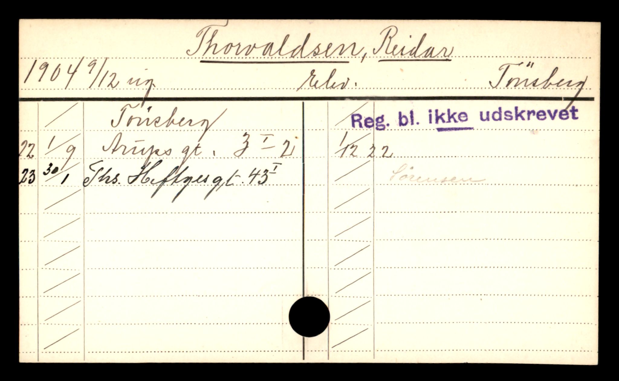 Oslo folkeregister, Registerkort, AV/SAO-A-11715/D/Da/L0094: Menn: Thorvaldsen Reidar - Ubberud Gunnar, 1906-1919