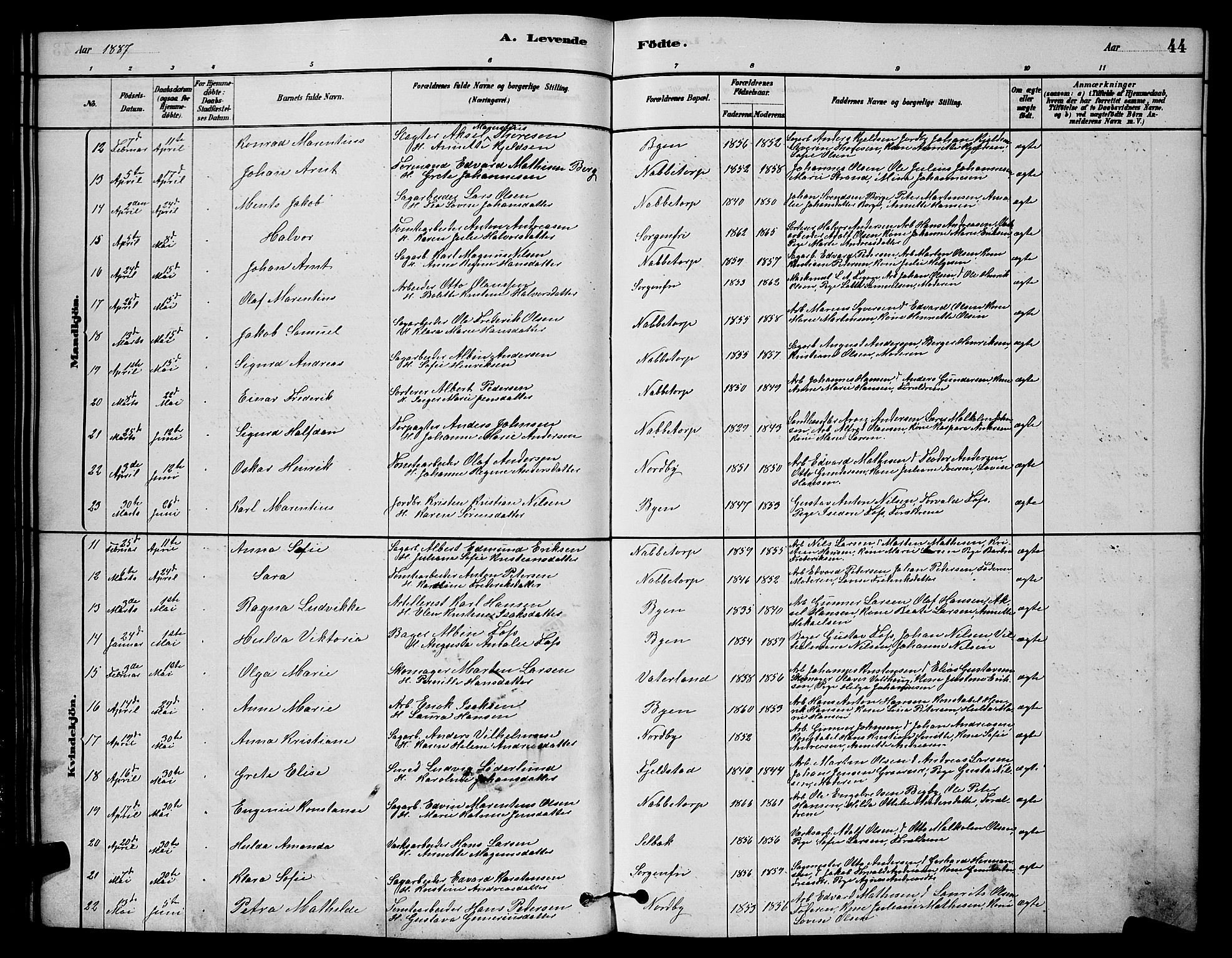 Østre Fredrikstad prestekontor Kirkebøker, AV/SAO-A-10907/G/Ga/L0001: Klokkerbok nr. 1, 1880-1899, s. 44