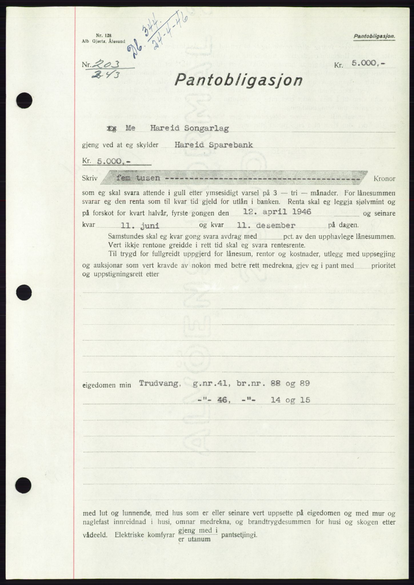 Søre Sunnmøre sorenskriveri, AV/SAT-A-4122/1/2/2C/L0114: Pantebok nr. 1-2B, 1943-1947, Dagboknr: 344/1946