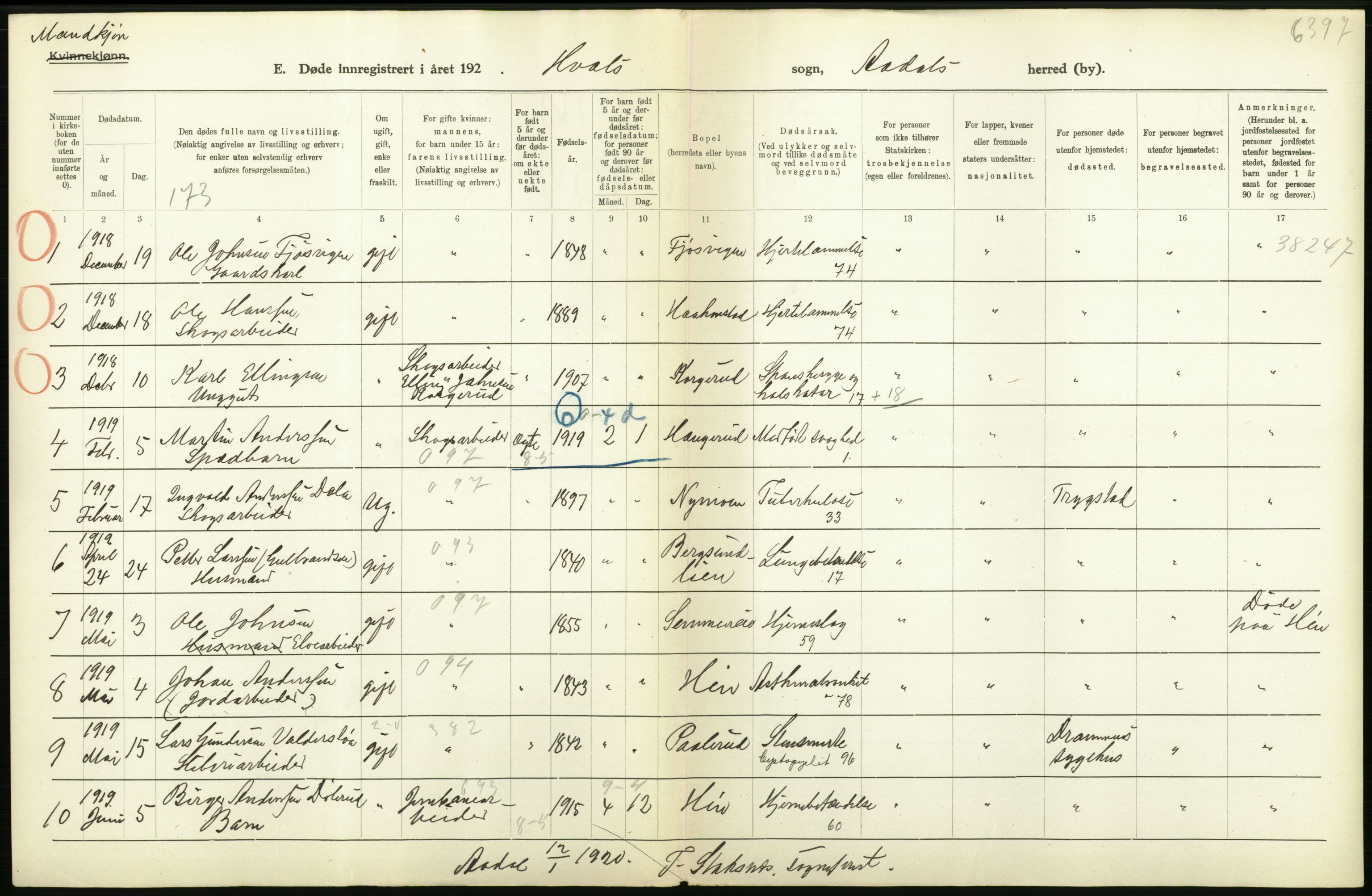 Statistisk sentralbyrå, Sosiodemografiske emner, Befolkning, AV/RA-S-2228/D/Df/Dfb/Dfbi/L0018: Buskerud fylke: Døde. Bygder og byer., 1919, s. 200