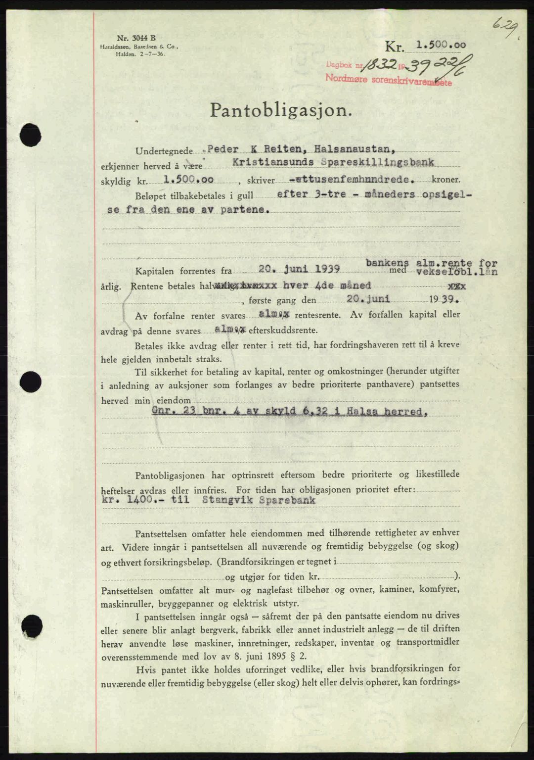 Nordmøre sorenskriveri, SAT/A-4132/1/2/2Ca: Pantebok nr. B85, 1939-1939, Dagboknr: 1832/1939