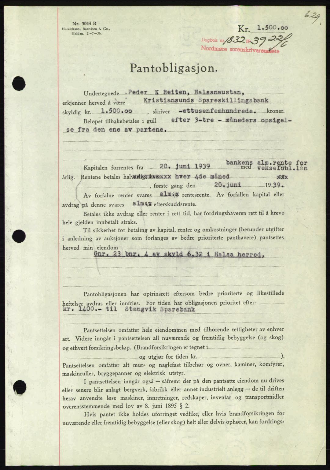 Nordmøre sorenskriveri, AV/SAT-A-4132/1/2/2Ca: Pantebok nr. B85, 1939-1939, Dagboknr: 1832/1939