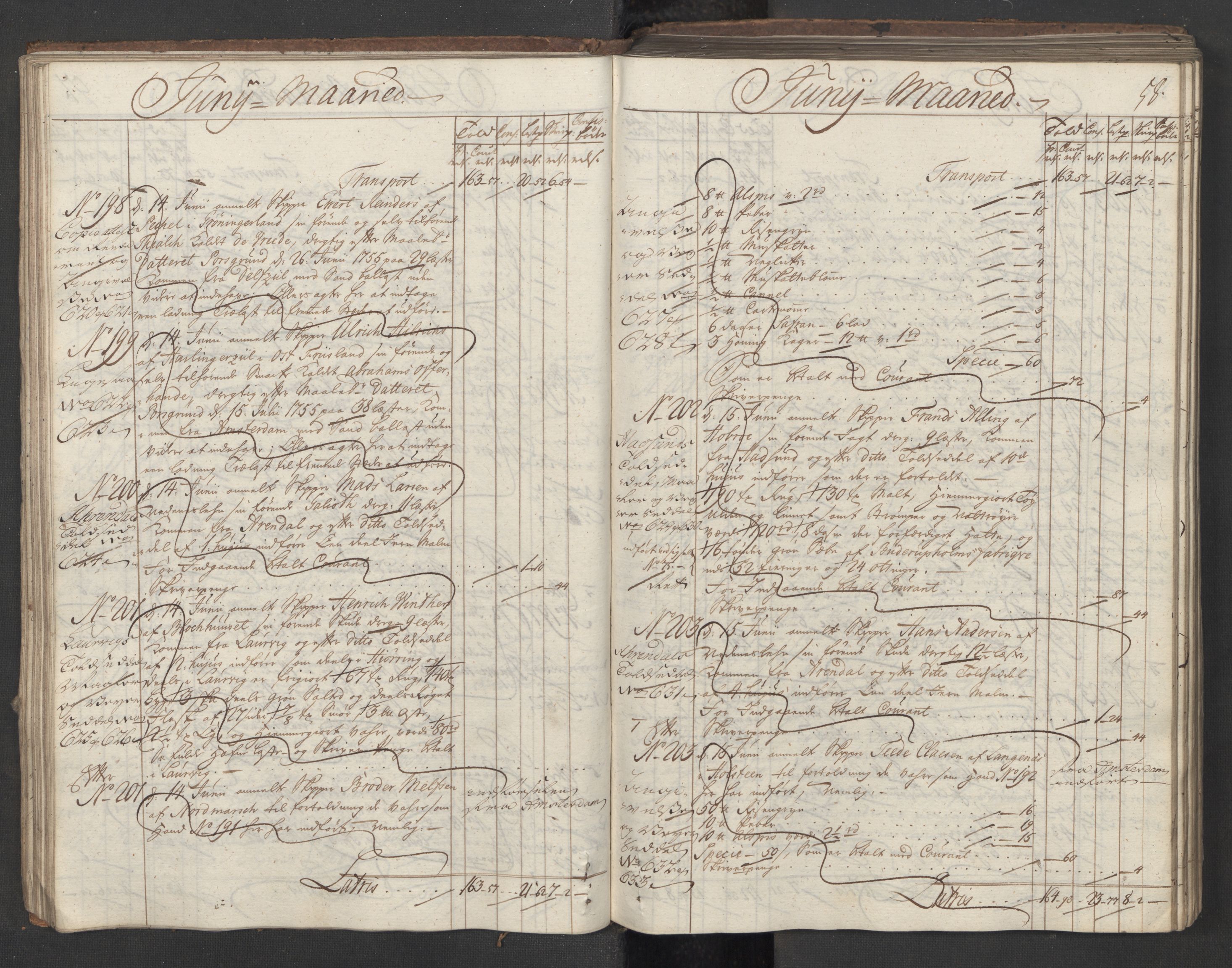 Generaltollkammeret, tollregnskaper, AV/RA-EA-5490/R12/L0028/0001: Tollregnskaper Langesund / Inngående hovedtollbok, 1756, s. 57b-58a