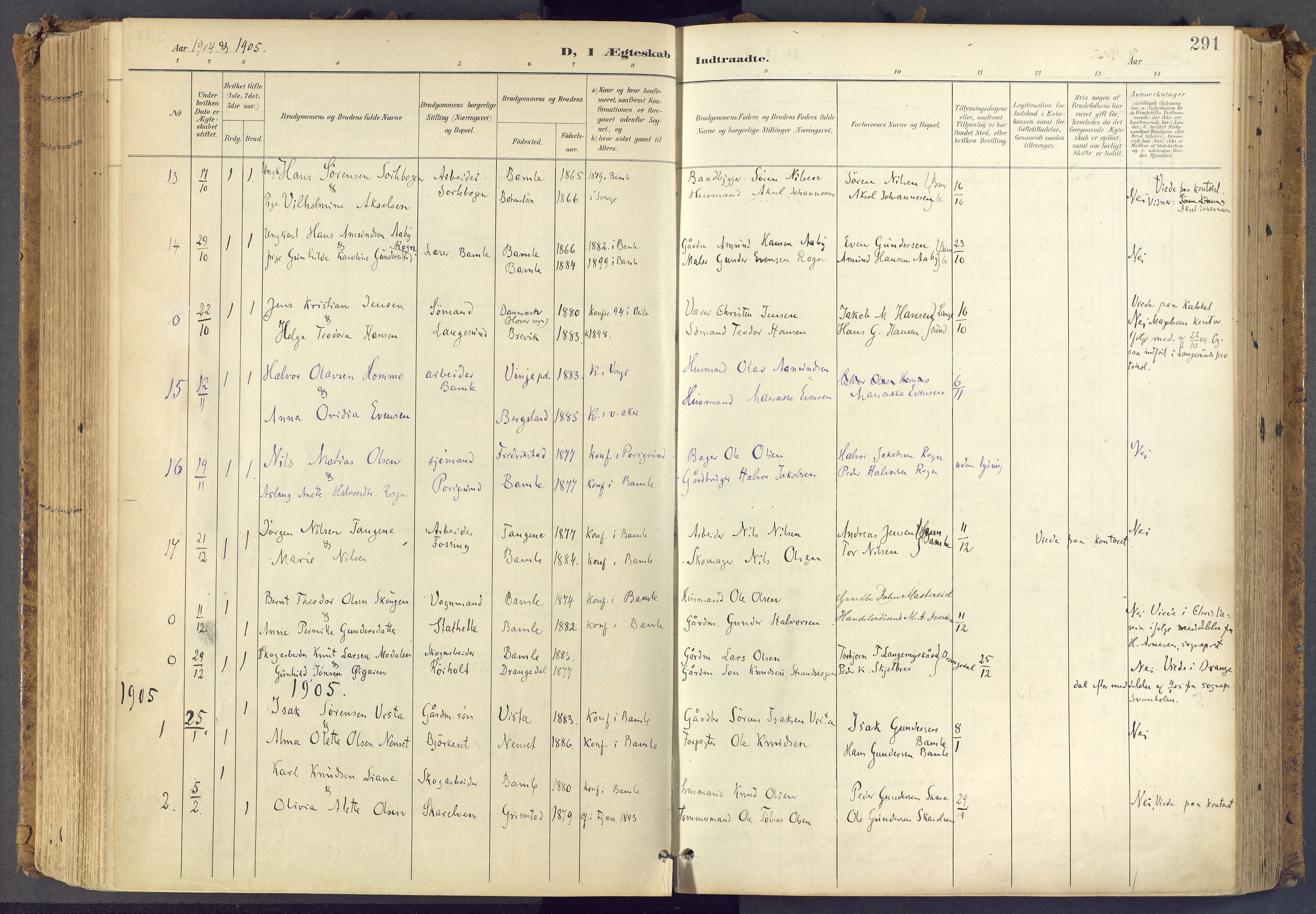 Bamble kirkebøker, AV/SAKO-A-253/F/Fa/L0009: Ministerialbok nr. I 9, 1901-1917, s. 291