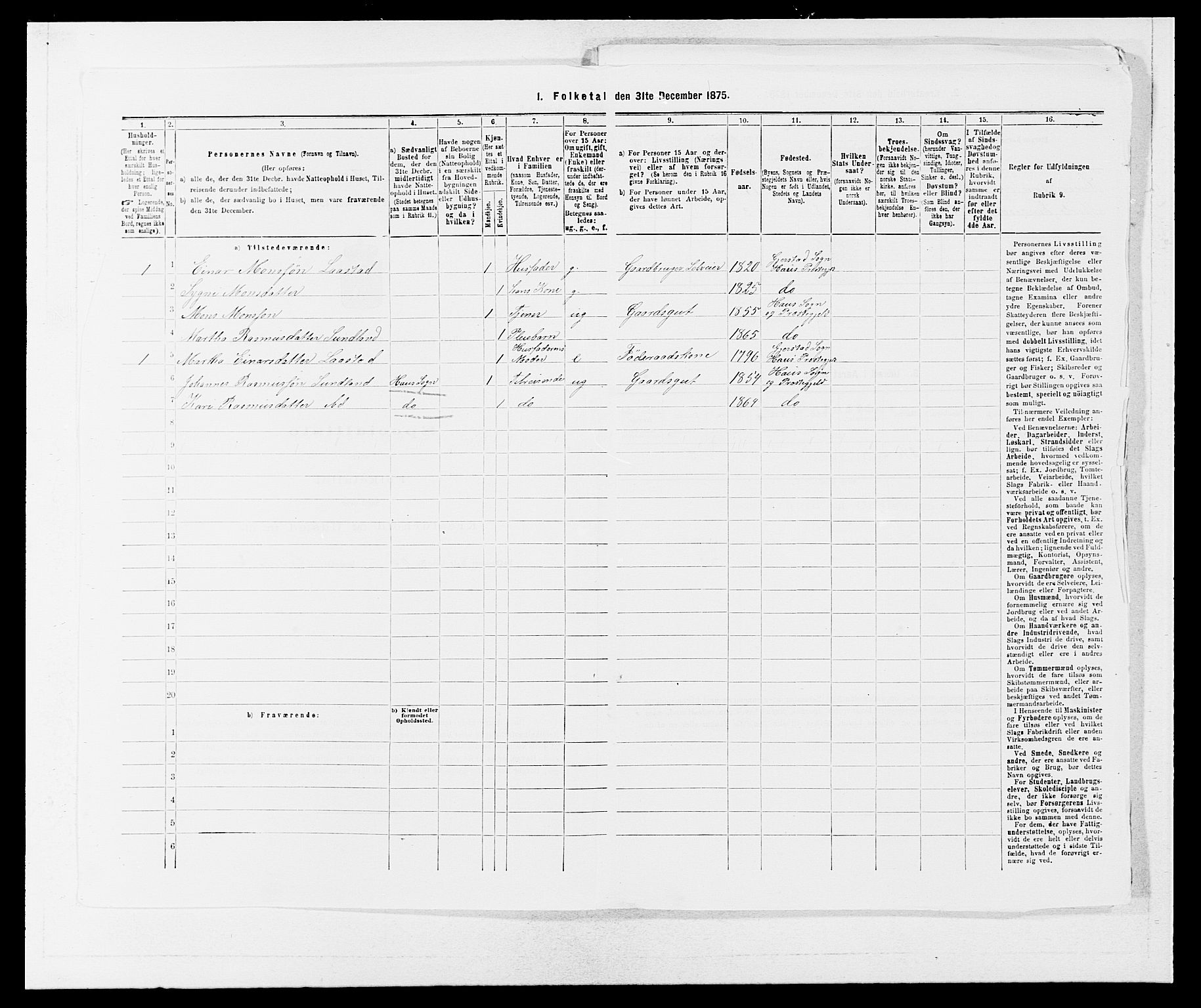 SAB, Folketelling 1875 for 1250P Haus prestegjeld, 1875, s. 397